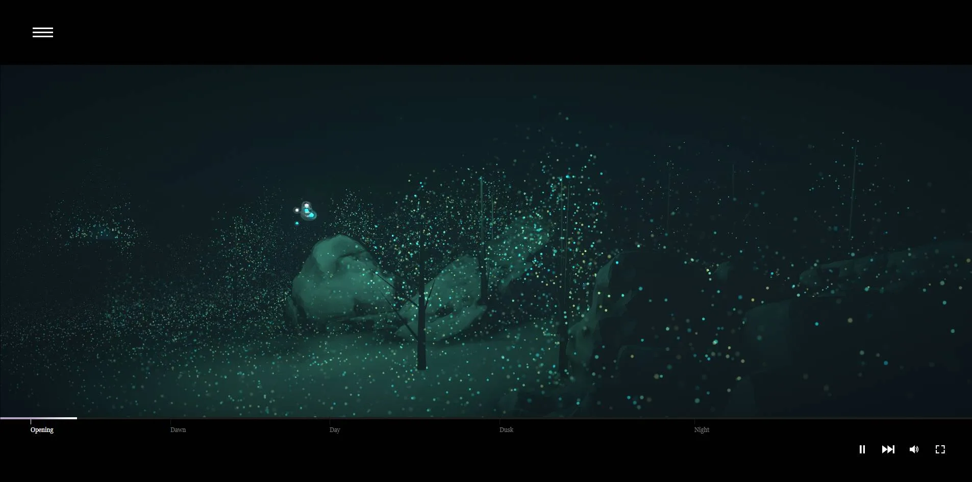 Opening 那一章，深青色的夜里撒满发光的小点，一块大石头和几棵细树之间，左上方悬着一团明亮的光，那就是正在唱歌的人