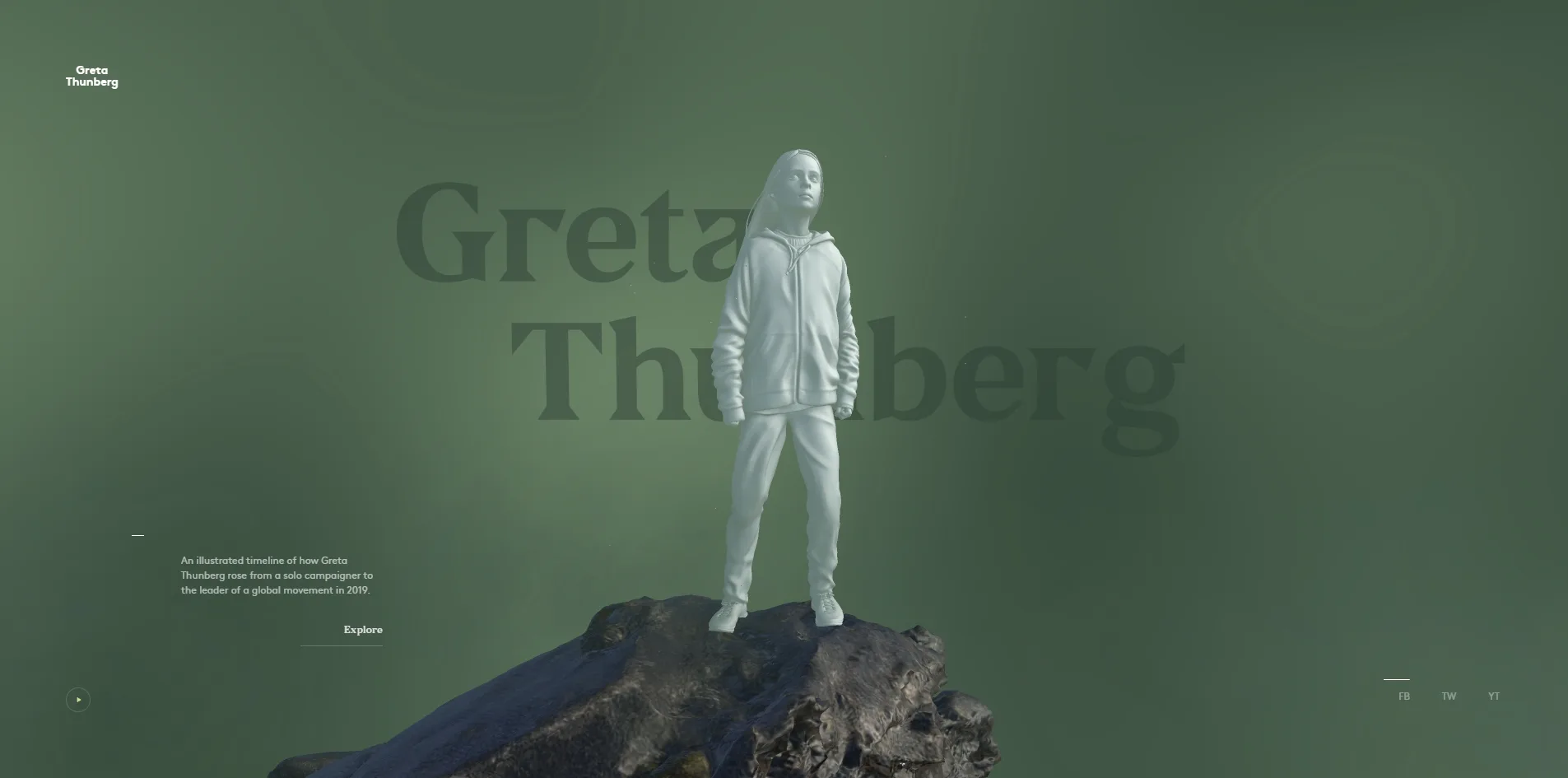 首页,墨绿色的雾里,一尊纯白的 Greta 全身像站在一块深色的岩石上,身后是 Greta Thunberg 两个巨大的深绿色衬线字,雕像挡住了其中几个字母,左下角是一段介绍和 Explore 按钮