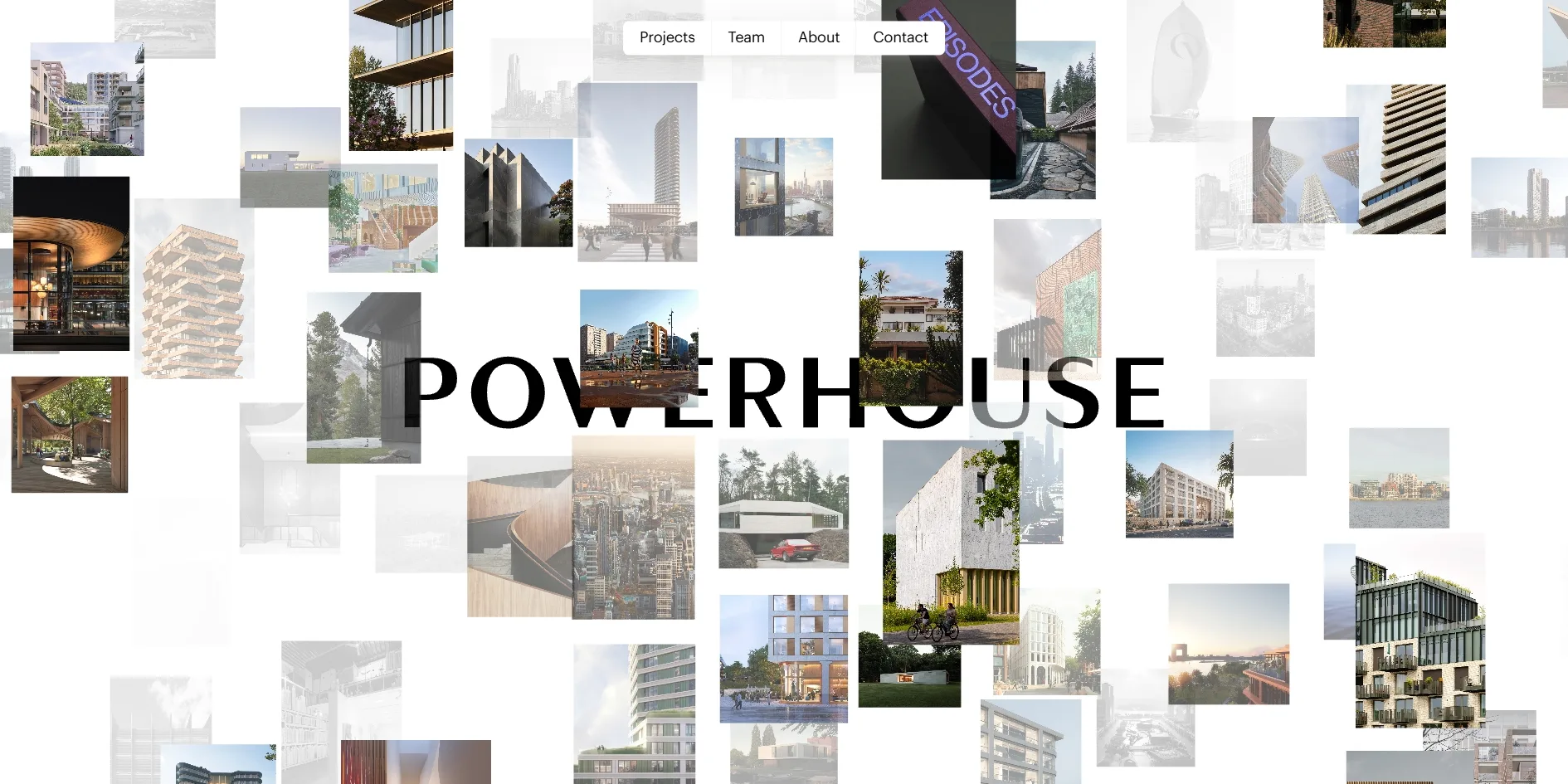 开场的一帧,白底中央是黑色的 POWERHOUSE 字标,四周散着几十张大小不一的建筑照片,远处的照片褪成接近白色,近处的颜色饱满