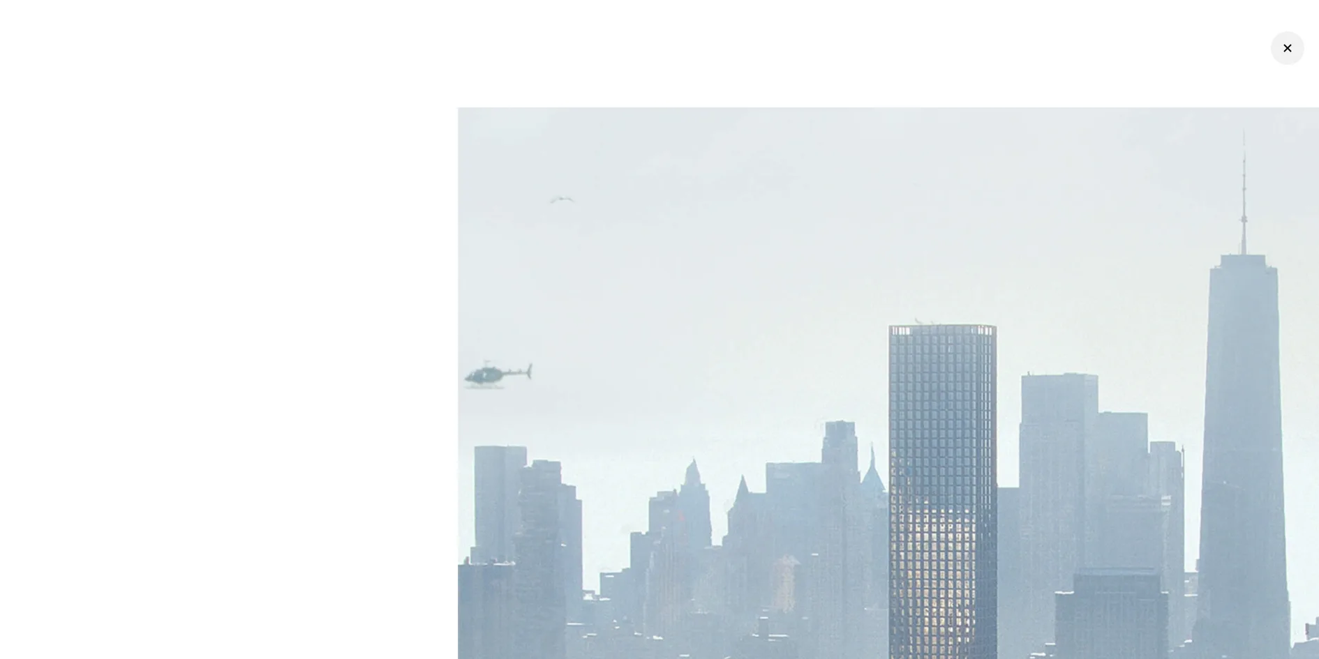 从照片墙进入项目页的过程中，白底上一张纽约天际线的照片正从画面右下方放大，左边和上方还留着白色，右上角已经出现关闭按钮