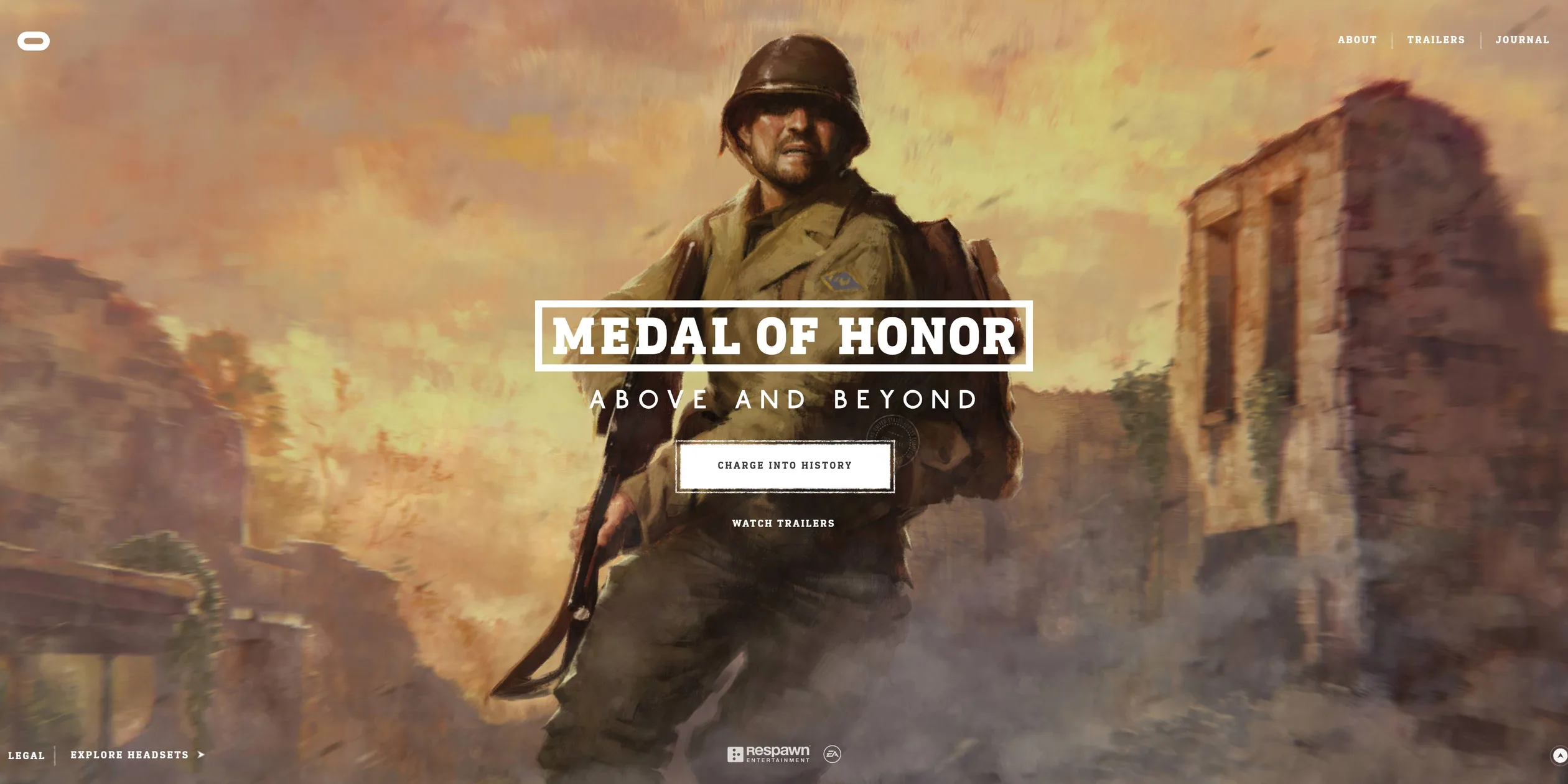 首页手绘的钢盔士兵、Medal of Honor 标志和 CHARGE INTO HISTORY 按钮