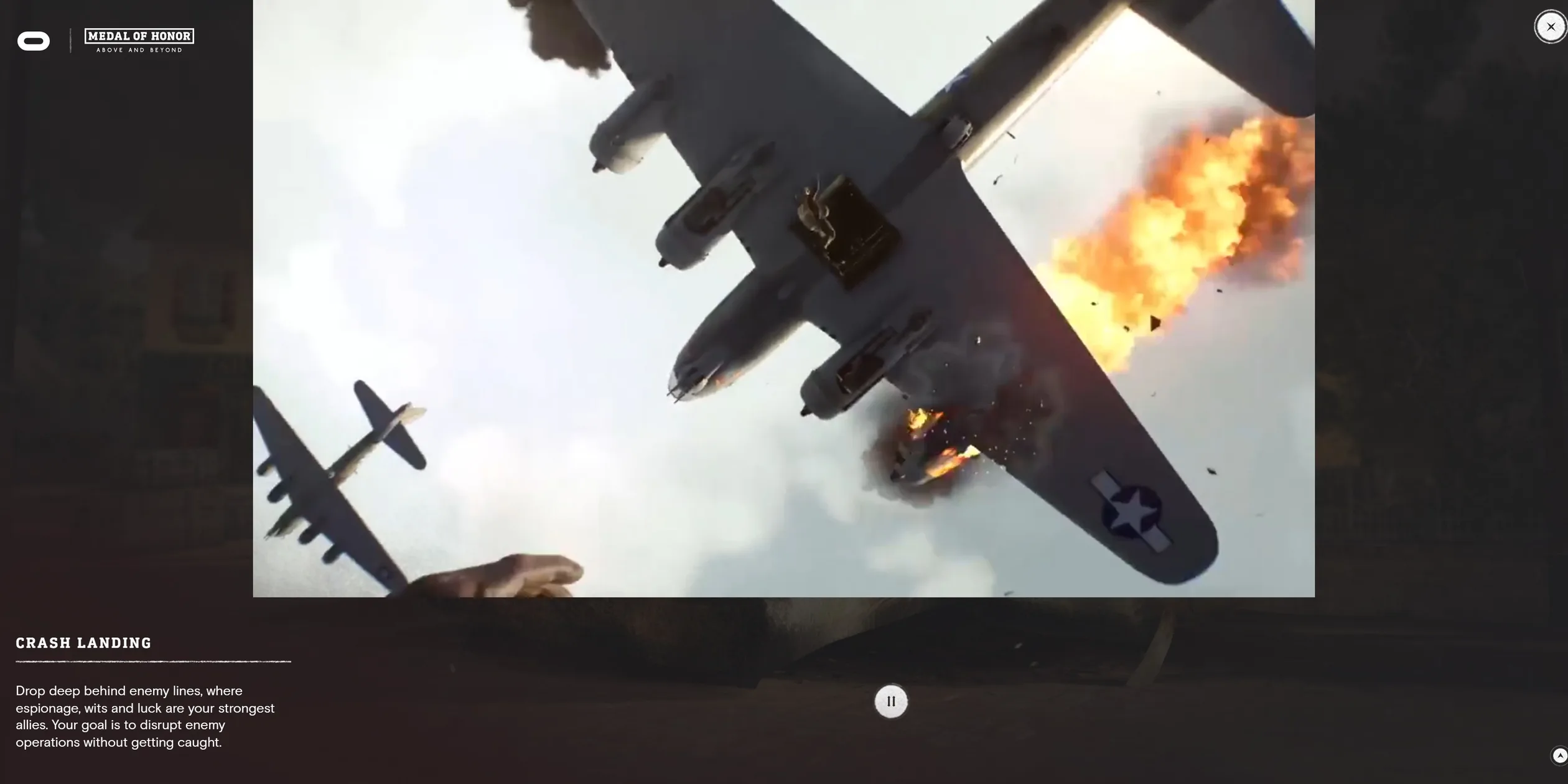 打开的 CRASH LANDING 档案，压暗的小镇上播放轰炸机机翼起火的游戏画面