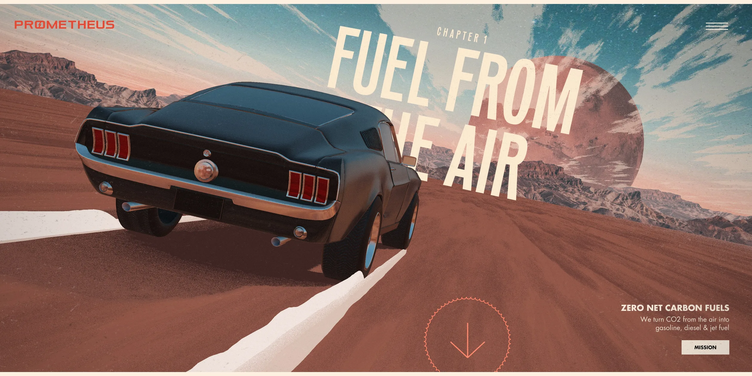 Black Mustang on red desert sand under a giant red planet with the title FUEL FROM THE AIR