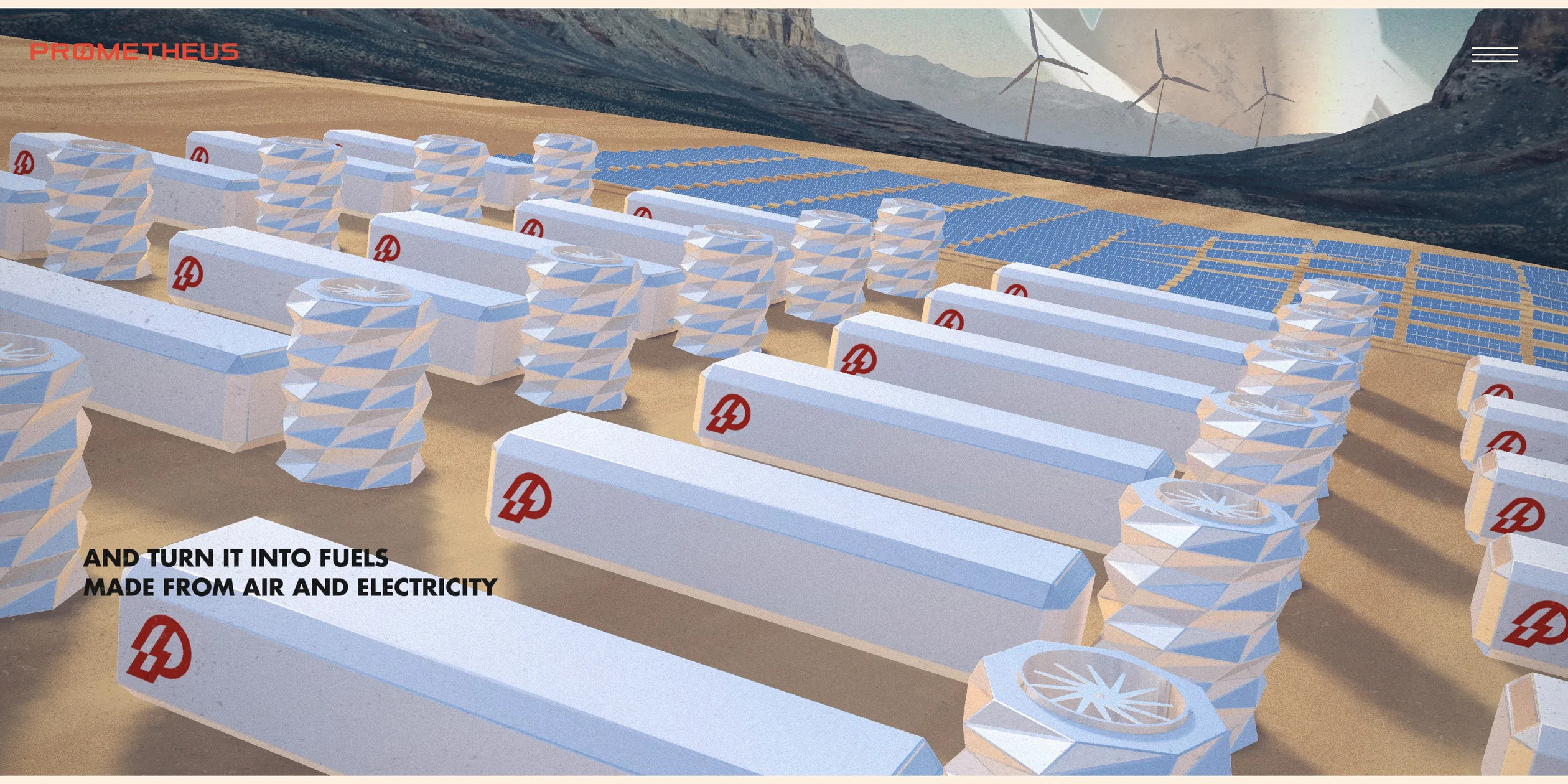 Rows of white low-poly fuel forges with red logos in a solar field