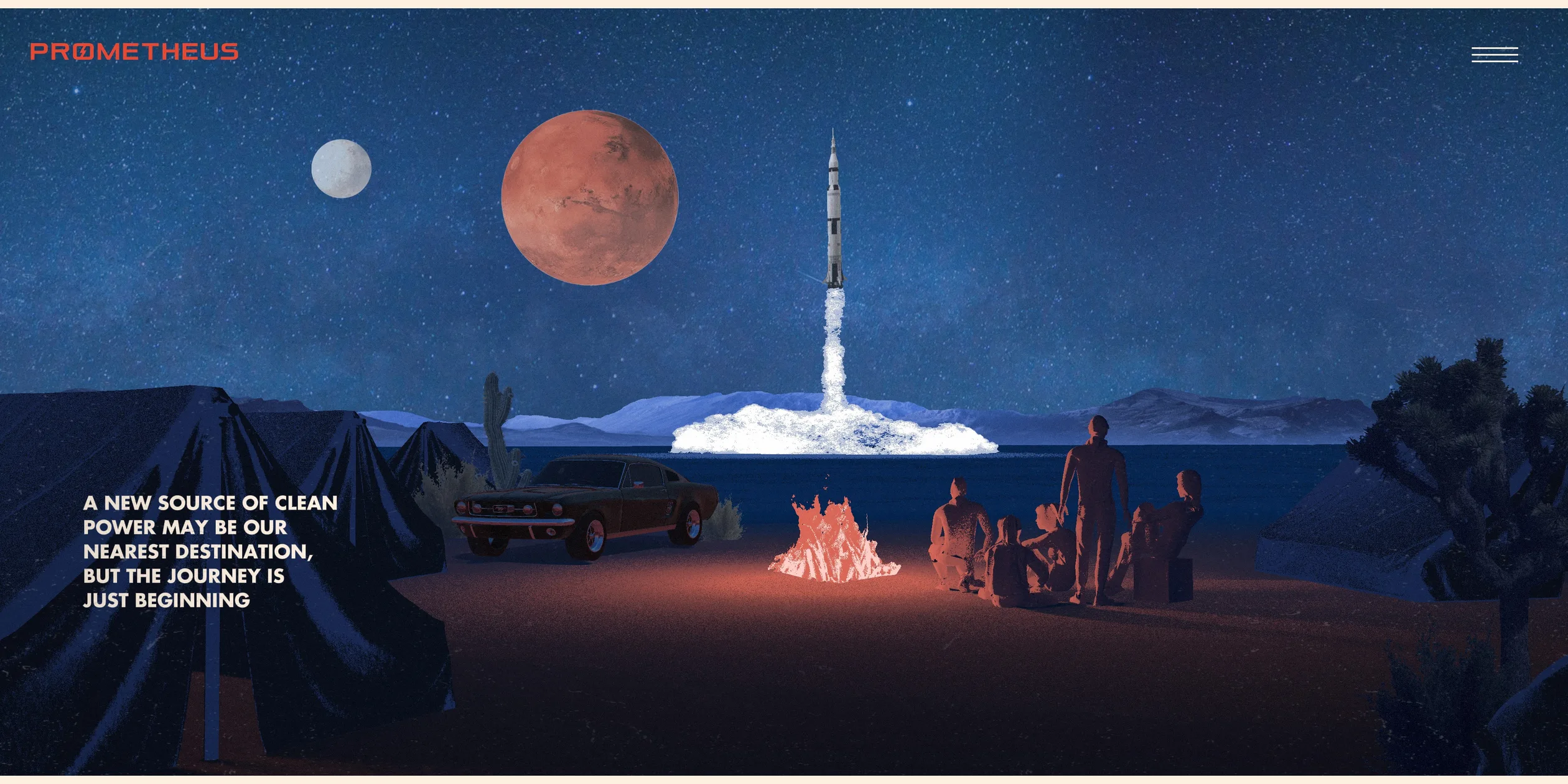 Night scene with a campfire, the Mustang and a rocket lifting off under a red planet