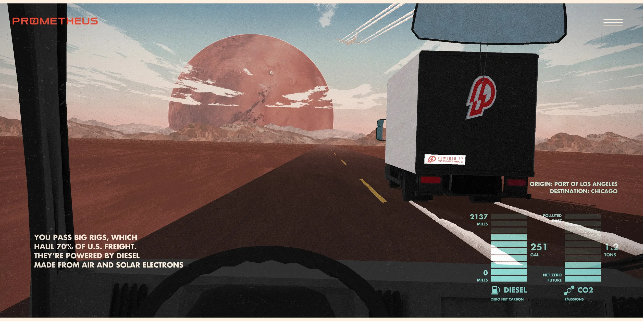 View from a truck cab with teal diesel and CO2 bar gauges and a Los Angeles to Chicago route
