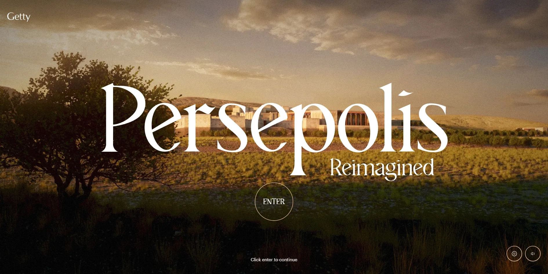 A plain at dusk with a tree on the left and the rebuilt city in the distance, the large white word Persepolis in the middle with Reimagined below and to the right, a thin circle reading ENTER under it, and a line of small text at the bottom reading Click enter to continue