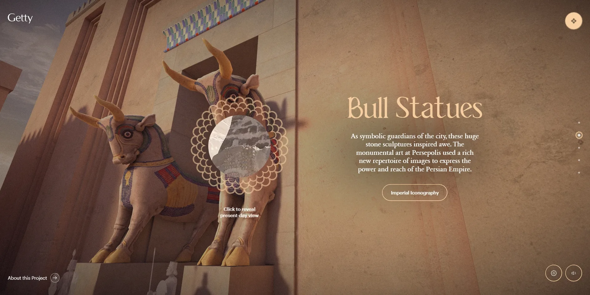 The two painted bull statues at the Gate of All Nations, with a round frame of petal pattern floating in front of them holding a small black-and-white photograph and the words Click to reveal present-day view below it, the large apricot words Bull Statues, a white description and a pill-shaped button reading Imperial Iconography on the right, and a column of small dots at the far right