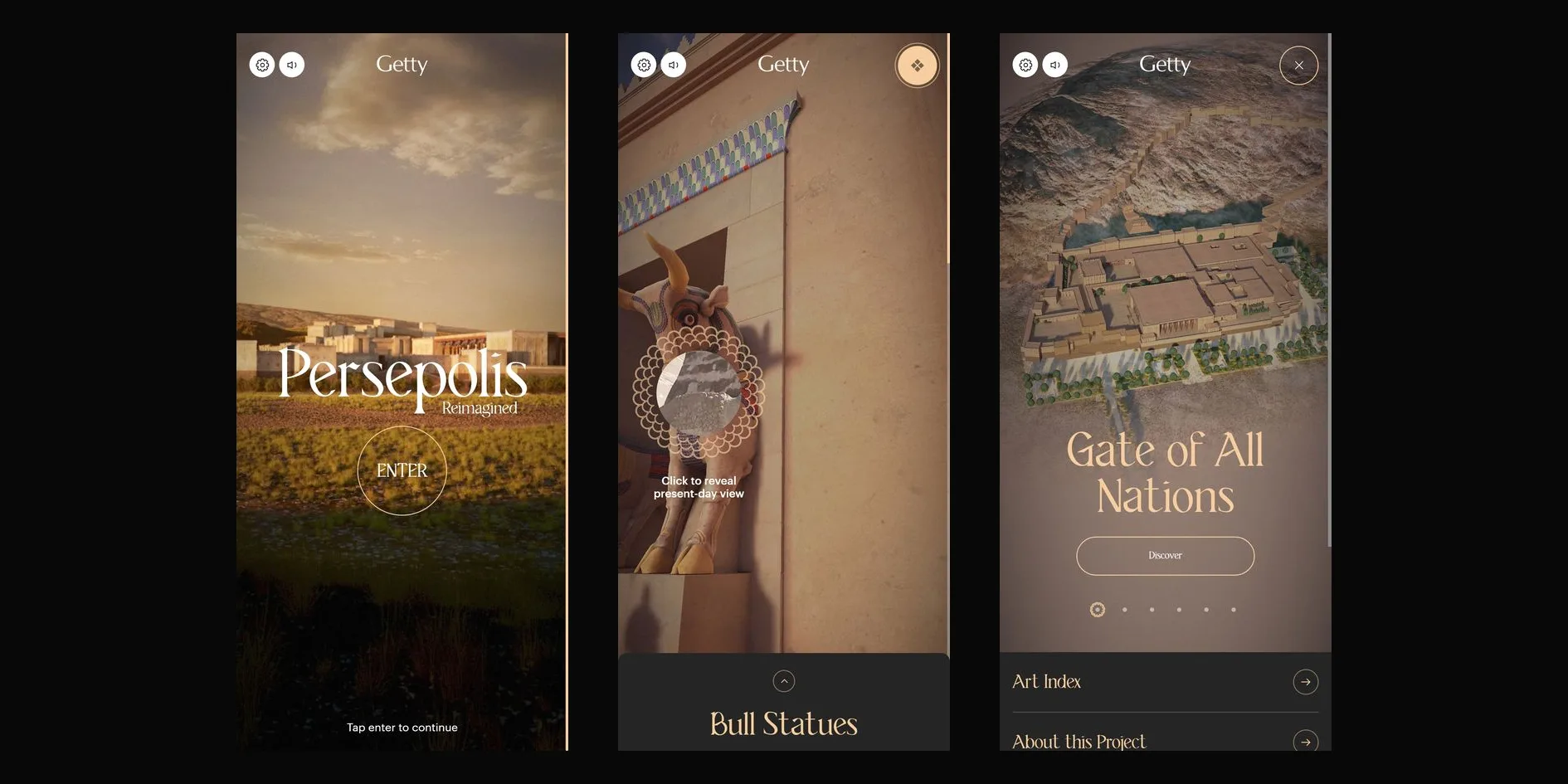 Three phone screens. On the left, the title Persepolis Reimagined and the ENTER circle over the plain at dusk, with Tap enter to continue at the bottom. In the middle, the bull statue and the petal frame, with a dark card reading Bull Statues at the bottom of the screen. On the right, the phone menu, with the 3D overview of the city, the apricot words Gate of All Nations, a Discover button and a row of small dots at the top, and rows for Art Index and About this Project below