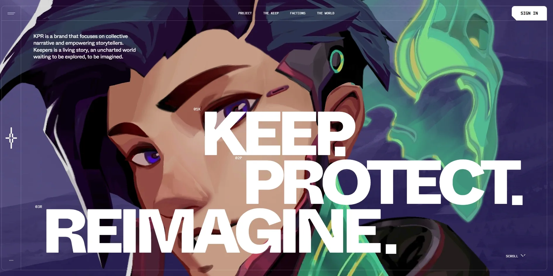 A purple-haired Keeper character filling the home page, the large white words KEEP. PROTECT. REIMAGINE. at the lower right, each line preceded by a small number 01K, 02P and 03R, a short paragraph about the brand at the top left, and a SIGN IN button with a cut corner at the top right