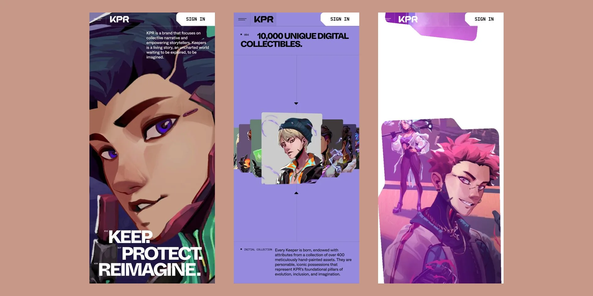 Three phone screens. On the left, the opening purple-haired character and KEEP. PROTECT. REIMAGINE. In the middle, 10,000 UNIQUE DIGITAL COLLECTIBLES. on a pale lavender background above a fanned row of character cards. On the right, a card with a folded tab rising from below, showing the red-haired character from the Factions illustration