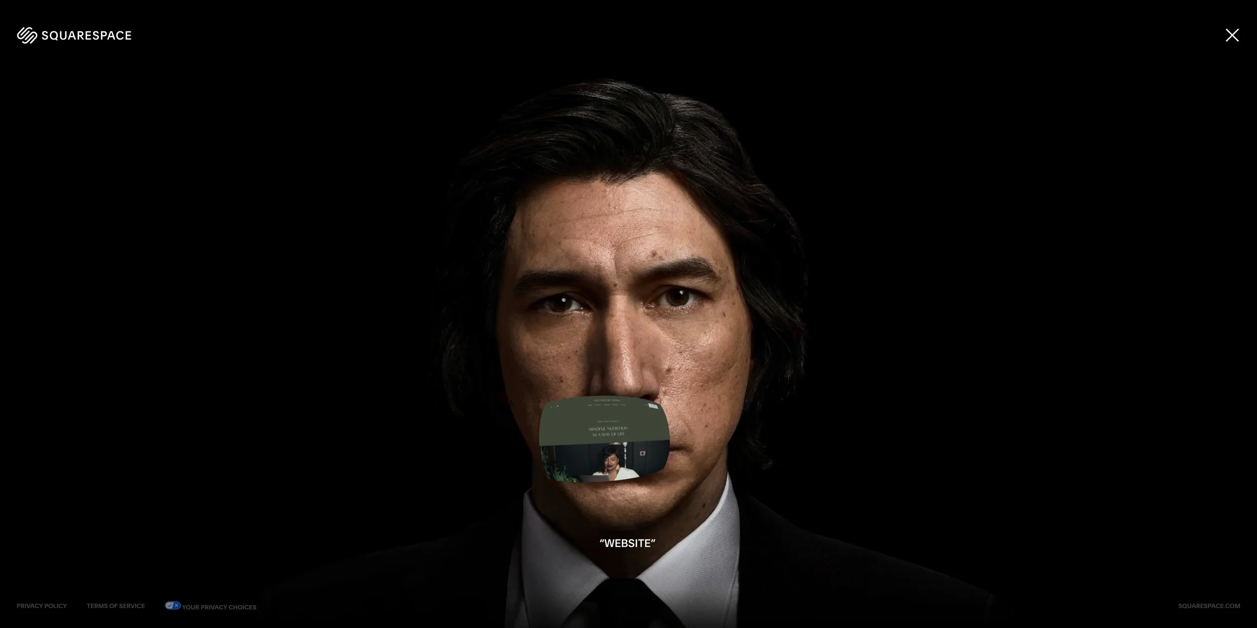 Full-screen 3D Adam with a template screenshot coming out of the mouth and the caption WEBSITE