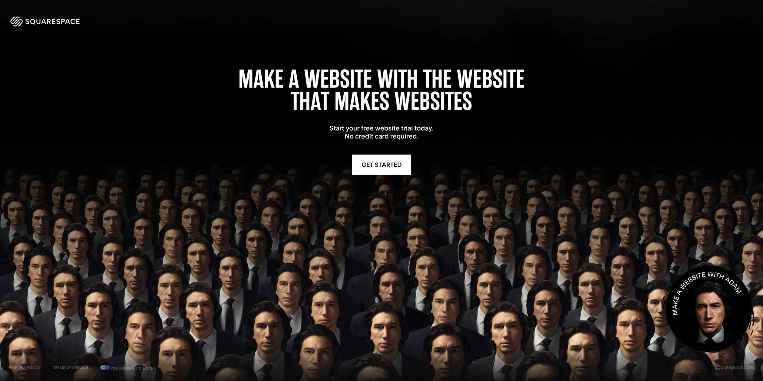 Crowd section with hundreds of Adams in black suits under the free trial title
