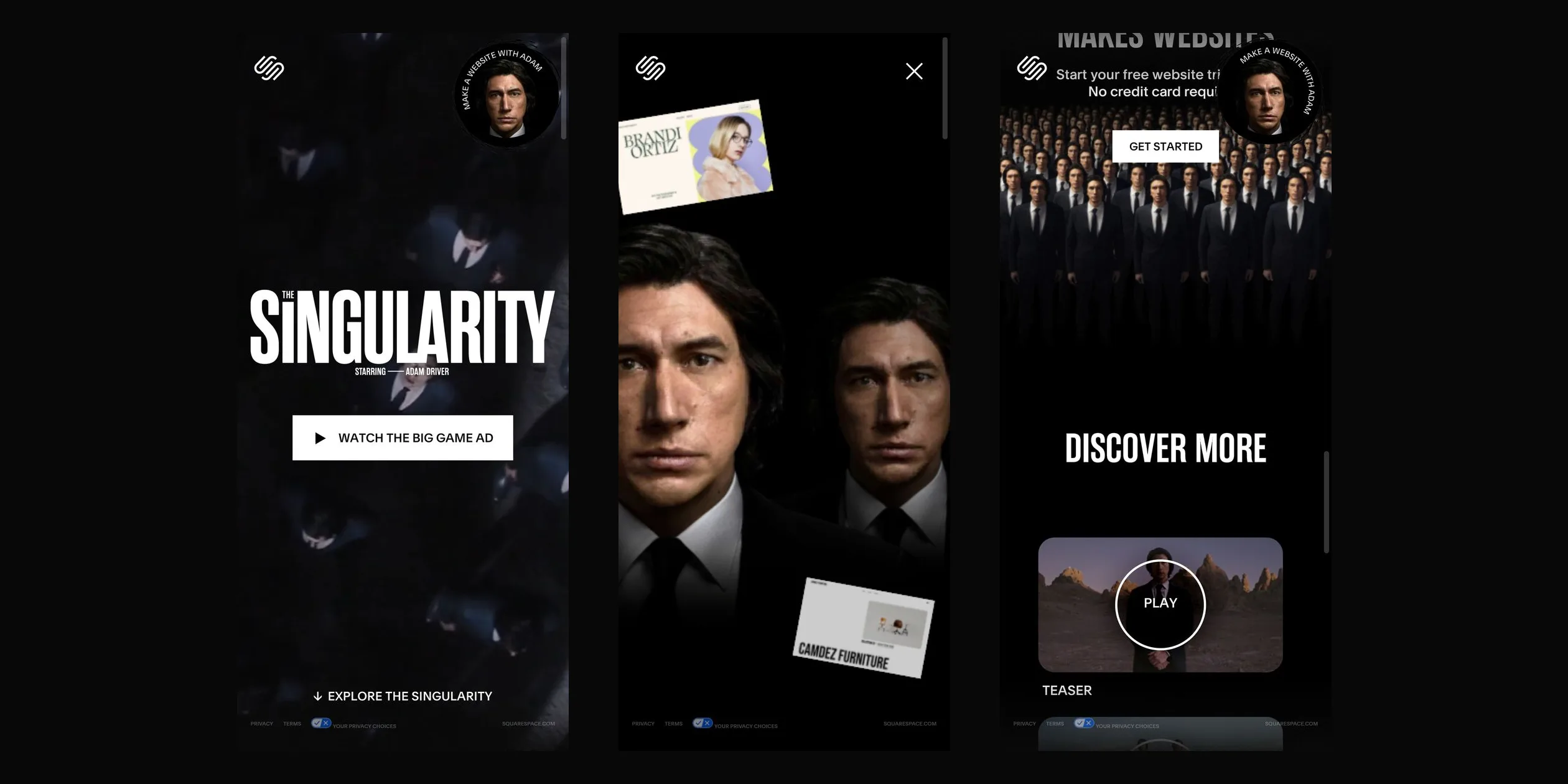 Three phone screens: the opening screen, two Adams with templates, and the crowd with the video list