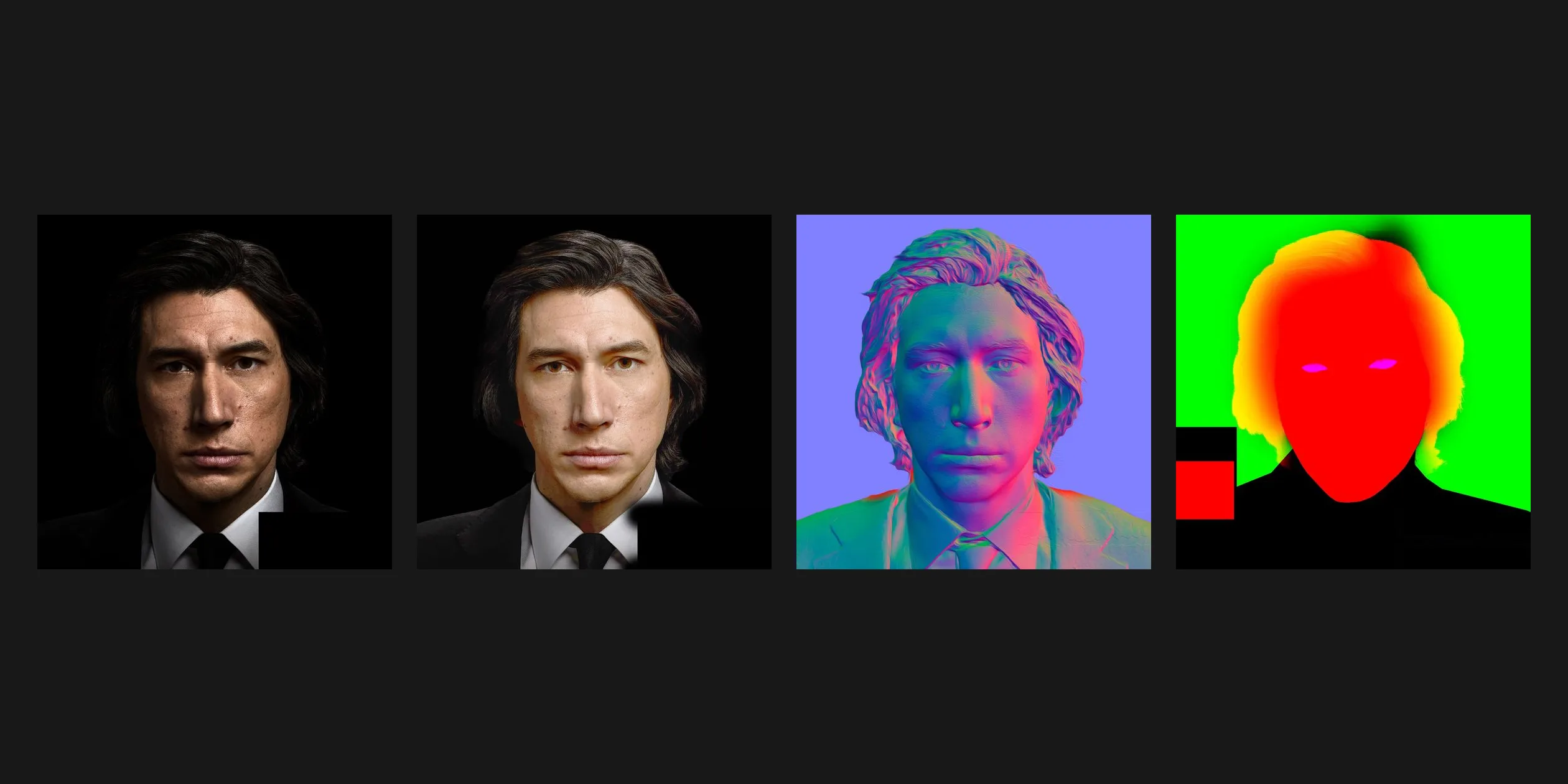 The site's four face textures: shaded base color, even diffuse, normal map and channel mask