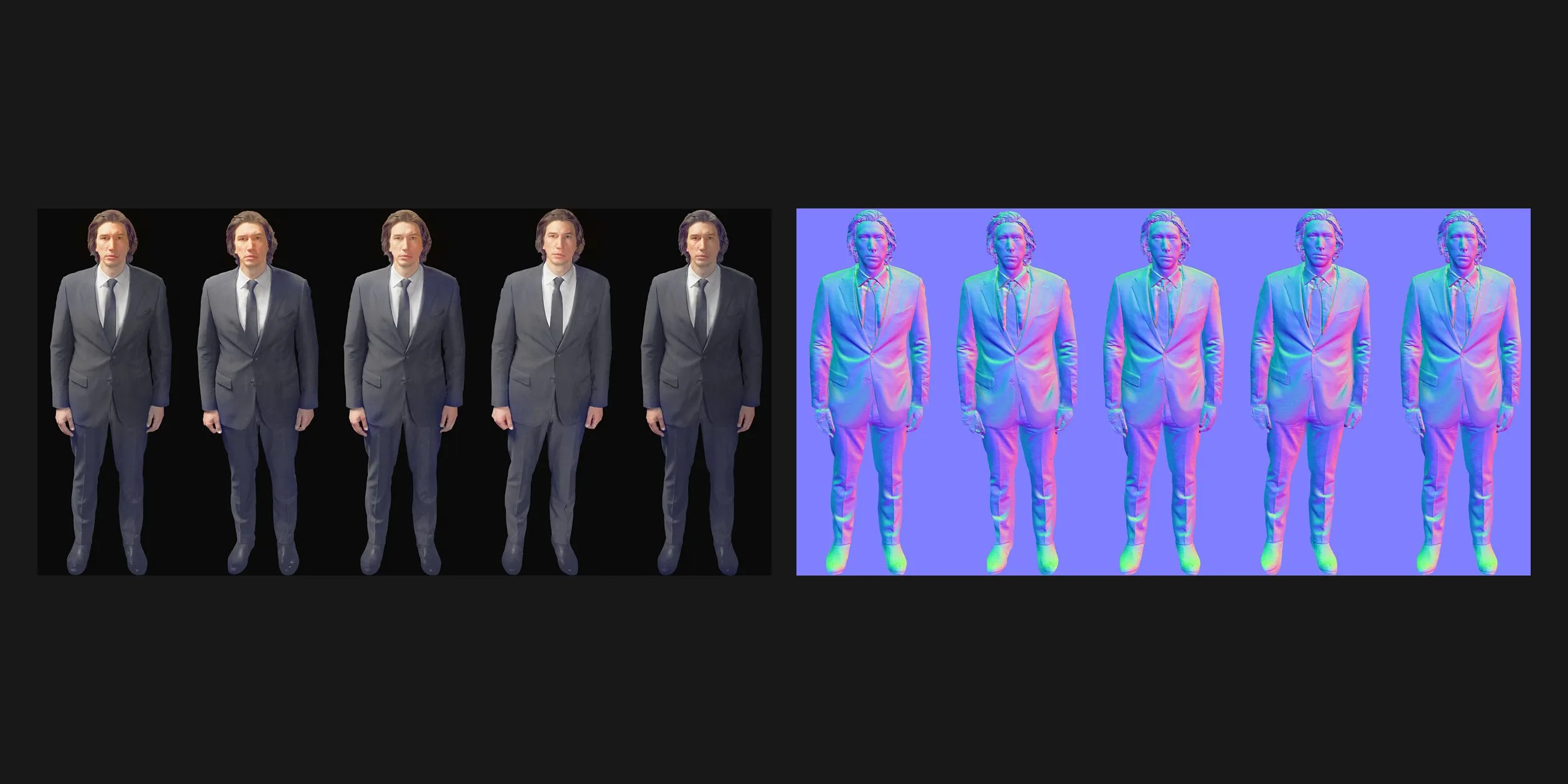The crowd atlas of five full-body Adams and its matching normal map