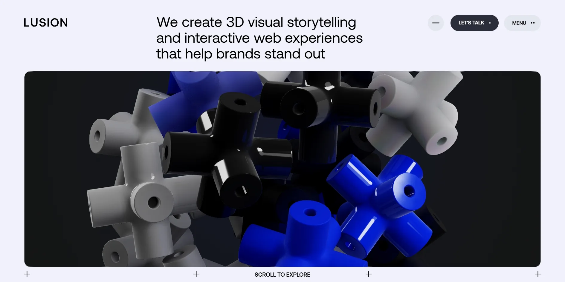 The home page with a large black line of text at the top about Lusion's 3D visual storytelling and interactive web work, a dark picture below filled with blue, white and black cross-shaped blocks and SCROLL TO EXPLORE at the bottom