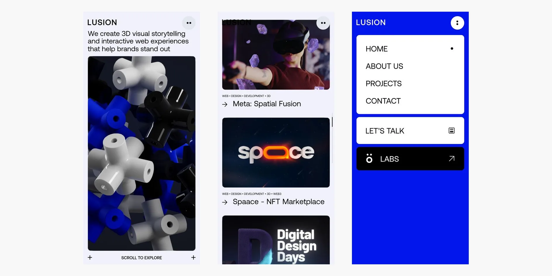 Three phone screens: on the left the home page, with the 3D crosses in a tall dark rounded block, in the middle the project cards in a single column with an arrow before each name, and on the right the menu filling the screen in electric blue, with white cards of links and LET'S TALK and a black LABS card