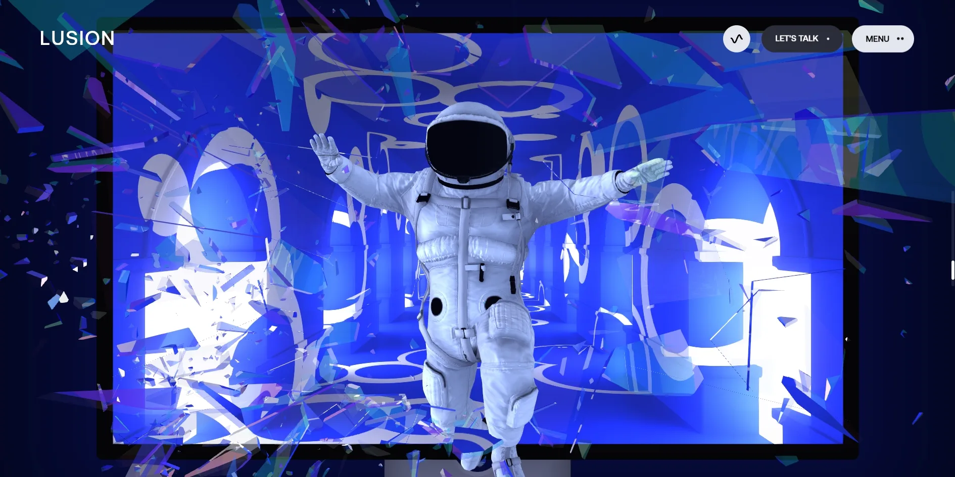 The astronaut steps out of a screen holding a blue corridor of arches, as the screen's glass breaks into many pieces that fly outward with blue and purple reflections