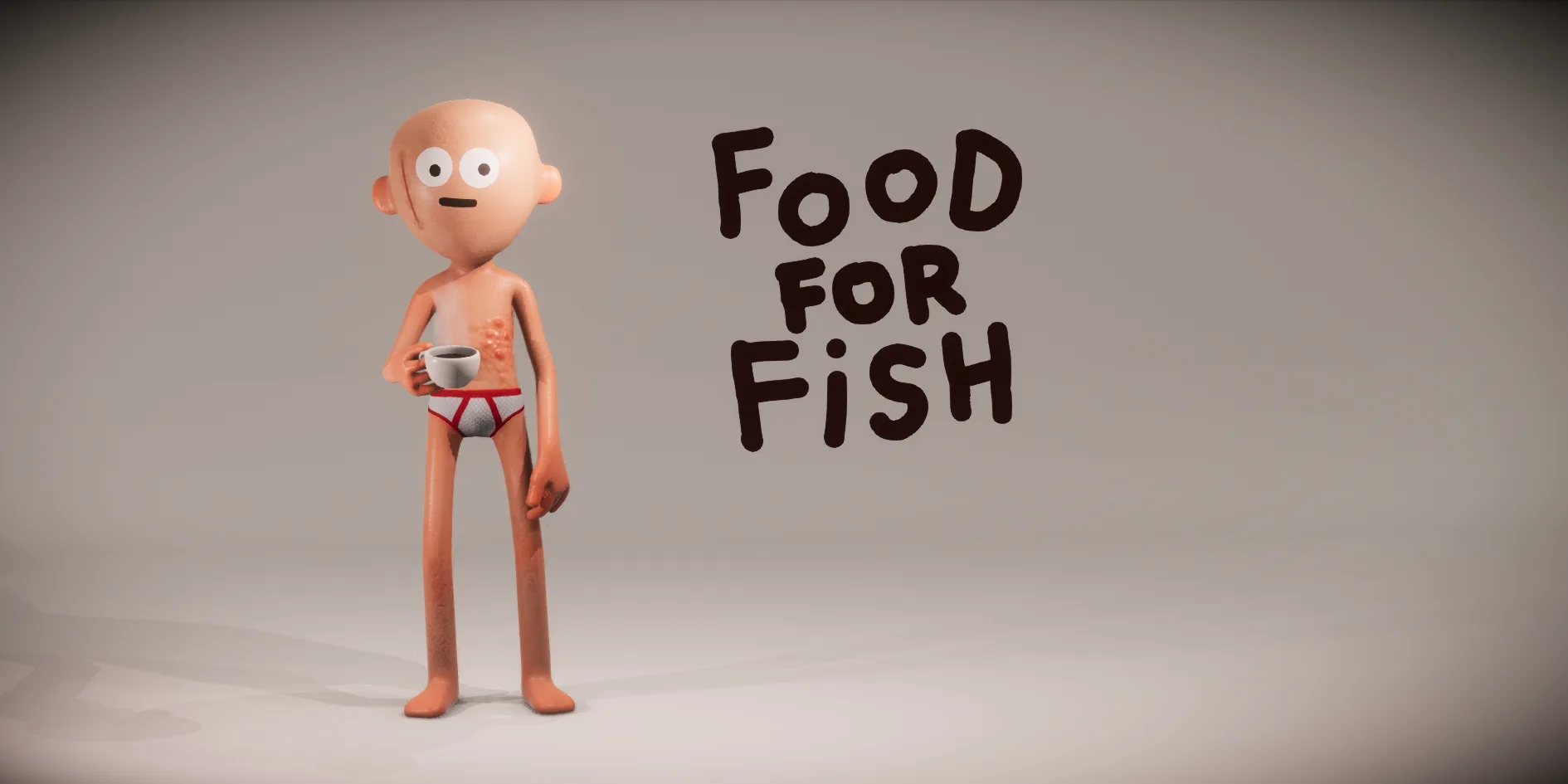 A bald little man in red-trimmed white underpants holding a coffee cup in a grey photo studio, with a rash on his chest and the black hand-written title FOOD FOR FISH to his right