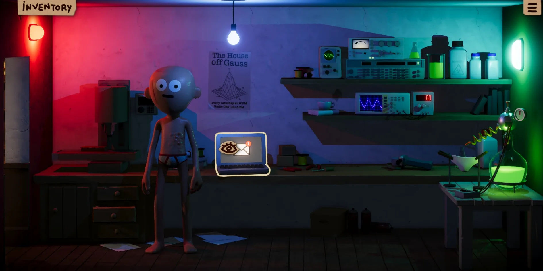 The lab lit in red, blue and teal, with a cream outline around the laptop on the desk, a cardboard eye icon beside it, a mail icon with a red number 1 on the laptop screen, and the bald little man standing on the left