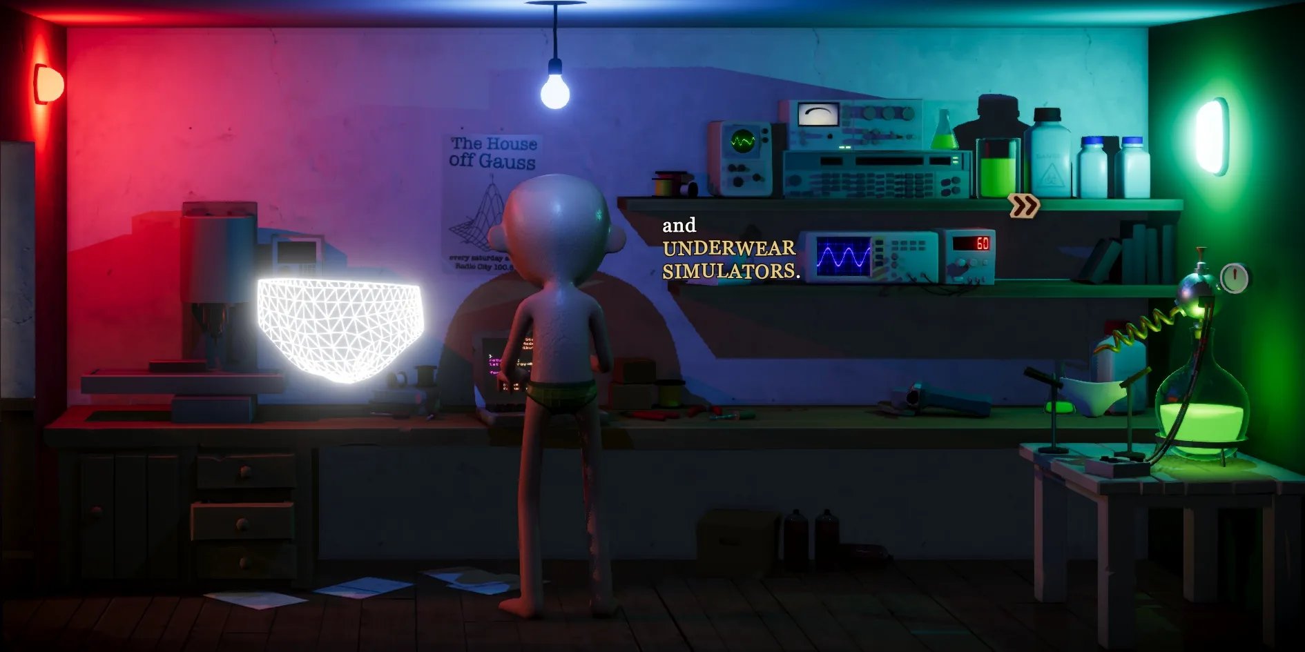 A wireframe of underpants made of glowing triangles floats in the air of the lab, the little man stands at the computer typing with his back to the camera, and the line and UNDERWEAR SIMULATORS. appears beside him with UNDERWEAR SIMULATORS in gold
