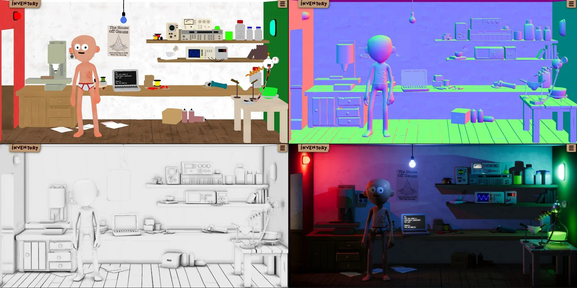 One frame of the lab split into four layers, with the colour layer without lighting and white walls at the top left, the normal layer that shows surface directions as colours at the top right, the grey ambient occlusion layer with contact shadows at the bottom left, and the final lit frame with red, blue and green lights at the bottom right