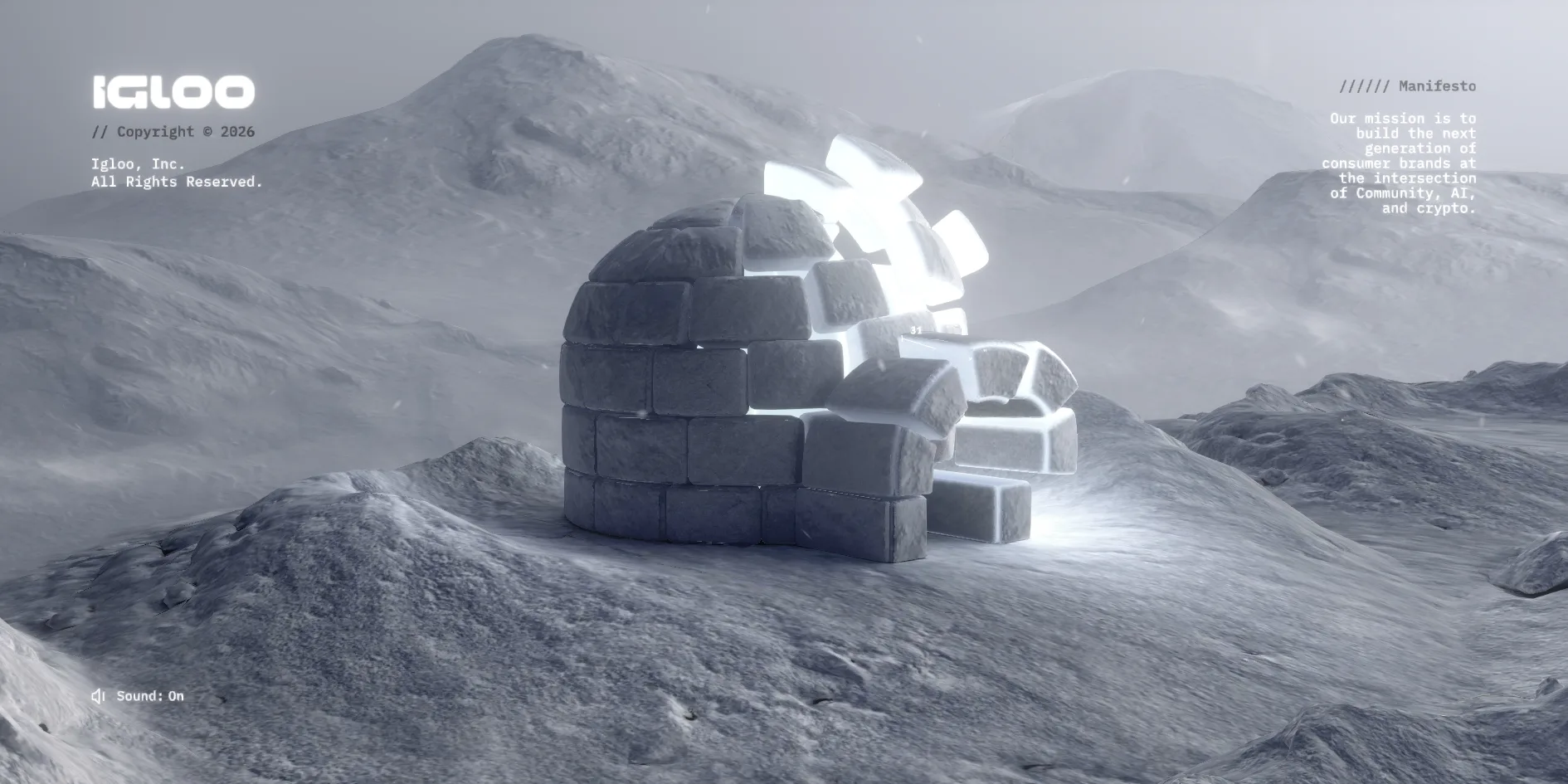 An igloo among snowy mountains with the cursor resting on its right side, where the ice blocks have lifted and spread apart with white glowing edges and small numbers on a few of them, the IGLOO logo and copyright lines at the top left, a Manifesto at the top right and Sound: On at the lower left