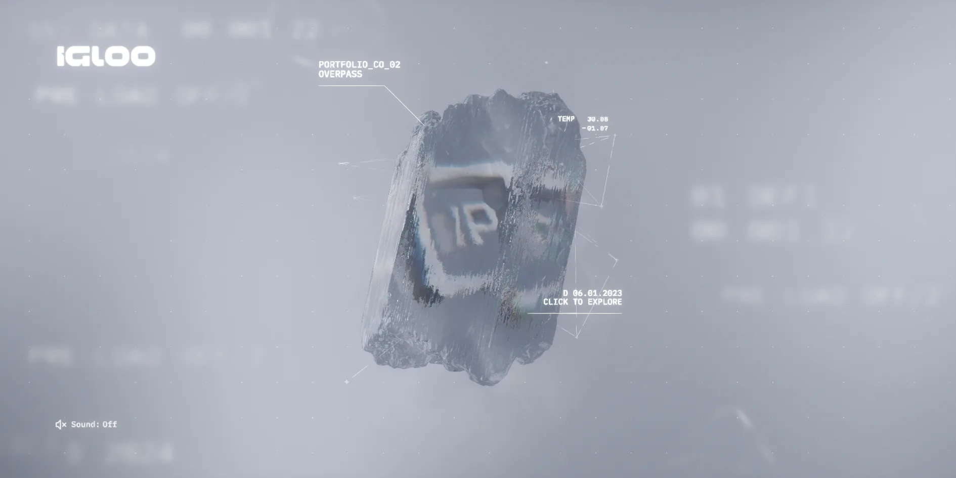 A block of ice in the fog with a P-shaped logo frozen inside, thin lines running from the block to labels reading PORTFOLIO_CO_02 OVERPASS, a TEMP reading and D 06.01.2023 CLICK TO EXPLORE, and several lines of blurred, translucent large text floating in the background