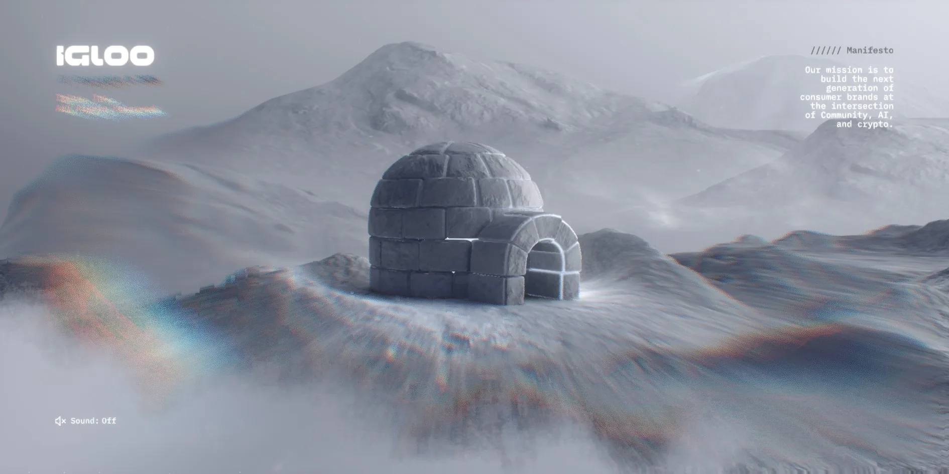 Just after scrolling begins, with the igloo and mountains still in the upper part of the picture, a band of ice fog pushing up from below with red, yellow and blue rainbow fringes along its edge, and the copyright text at the top left being torn apart by chromatic aberration