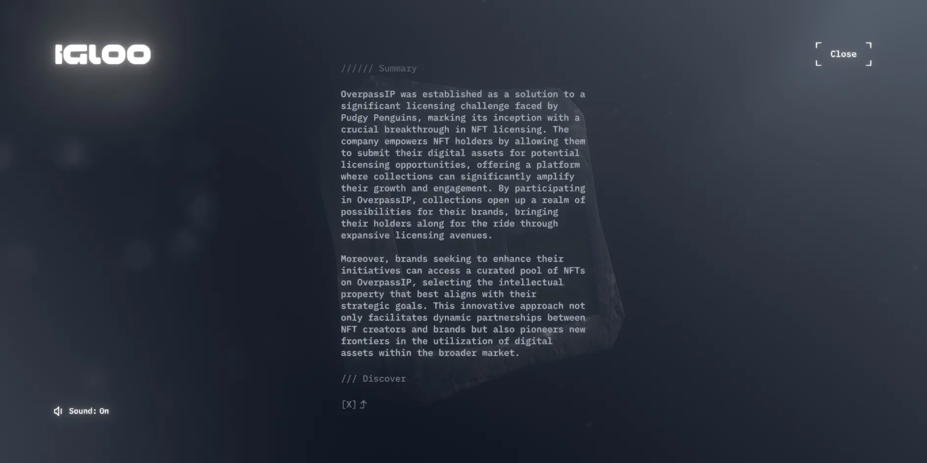 A company page with the ice block holding the P logo sunk dimly in the dark blue-black background, a column of white monospaced text in front starting with ////// Summary followed by the OverpassIP description and /// Discover, the IGLOO logo at the top left and a Close button with bracketed corners at the top right