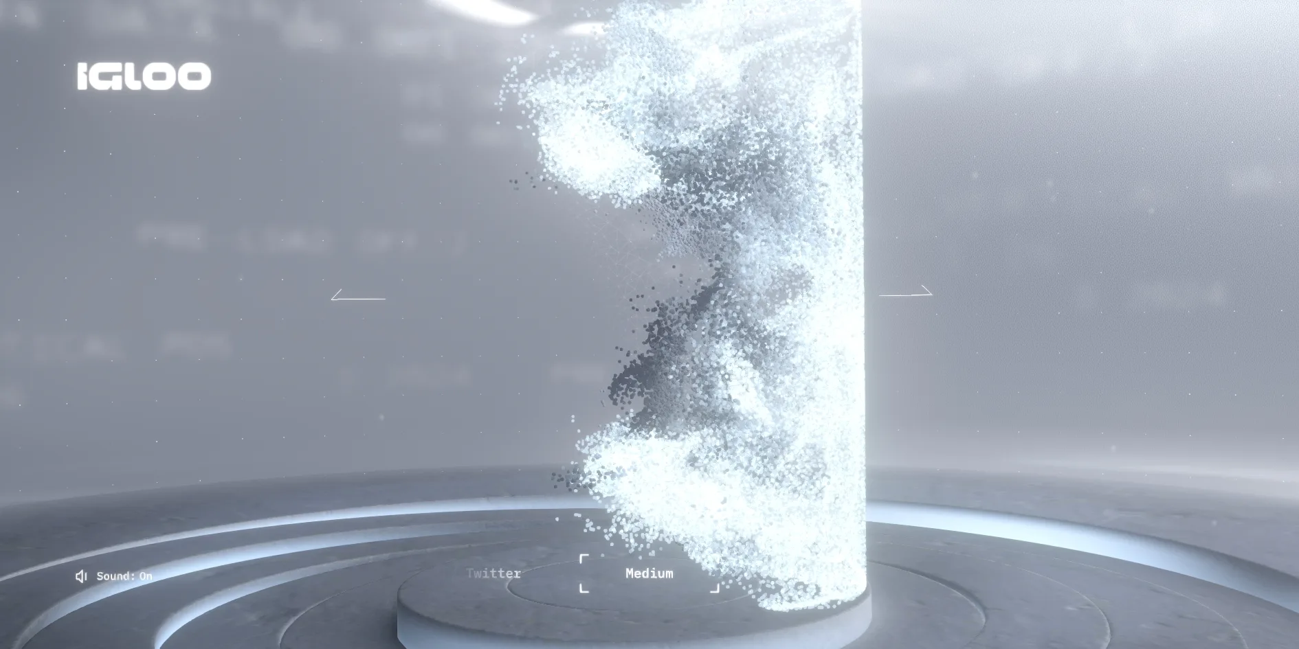 On the platform at the end, the particle shape stirred from left to right by the cursor, with the stirred particles glowing white like a cloud of snow, the selector below framing Medium with Twitter dimmed to its left, and a thin line arrow on each side