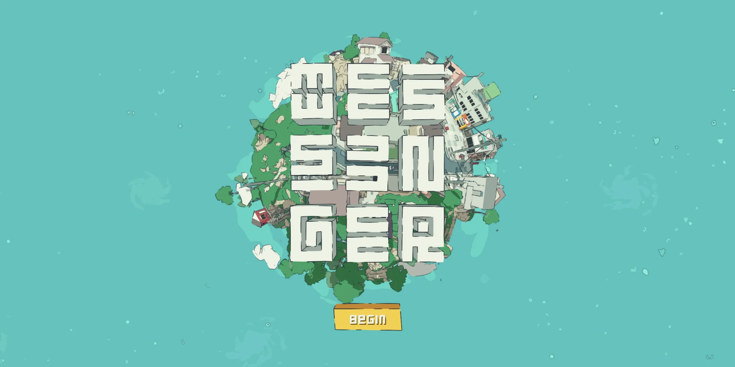Title screen with a small planet behind white block letters spelling MESSENGER and a yellow BEGIN button