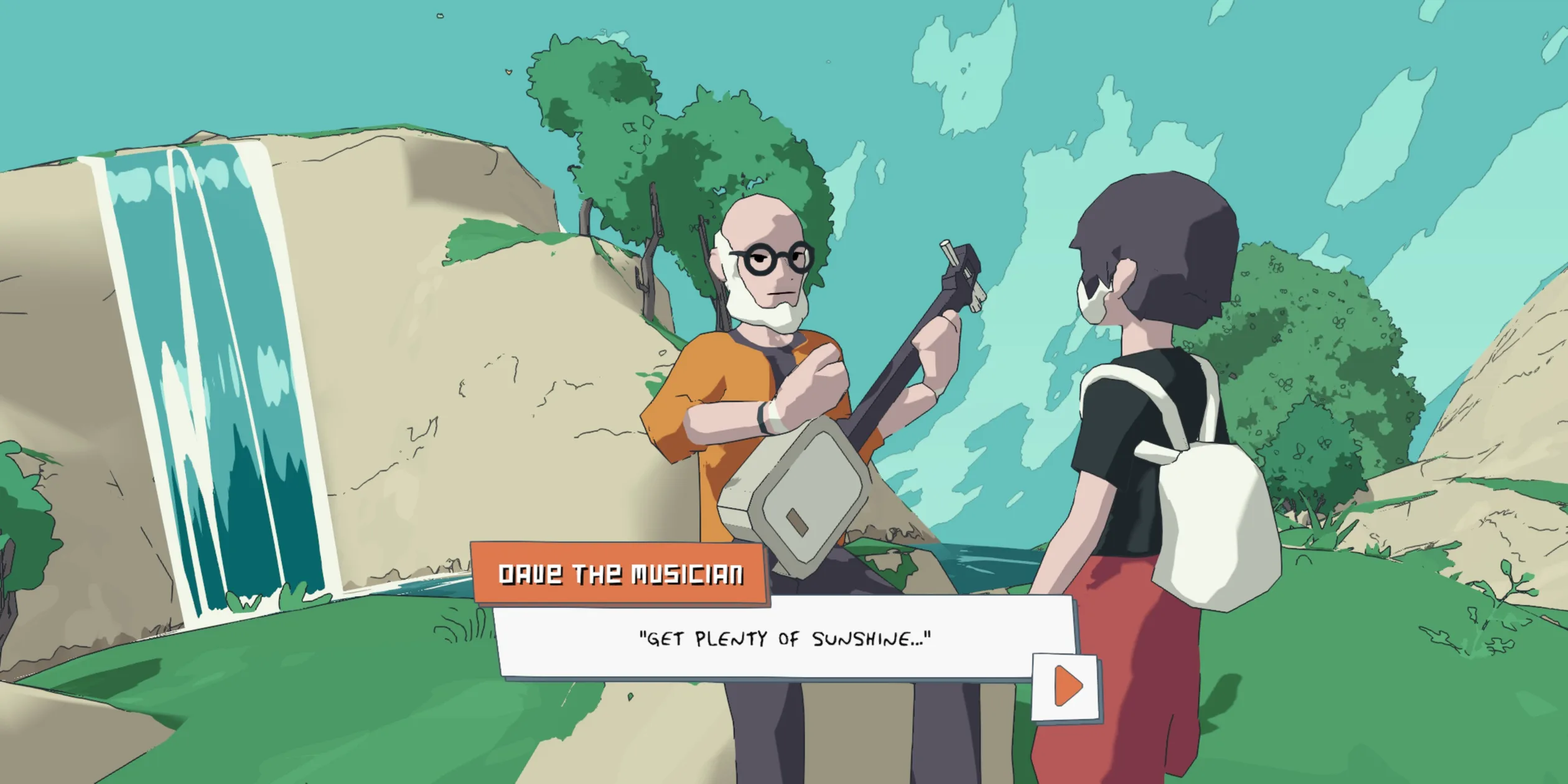 Conversation by a waterfall with Dave the musician holding a guitar and an orange-tabbed dialogue box