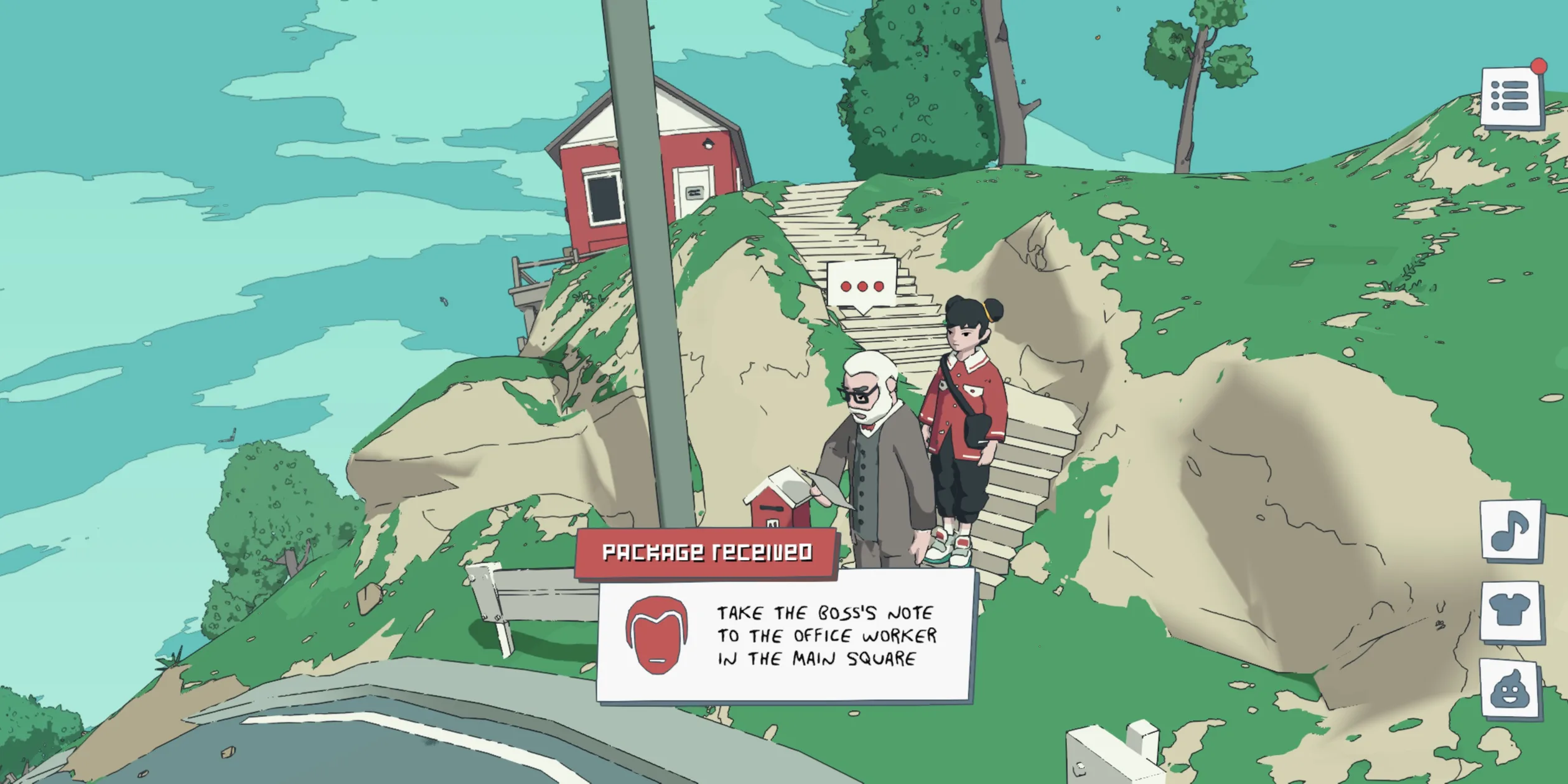 The boss and the messenger by a red mailbox with a PACKAGE RECEIVED card at the lower left