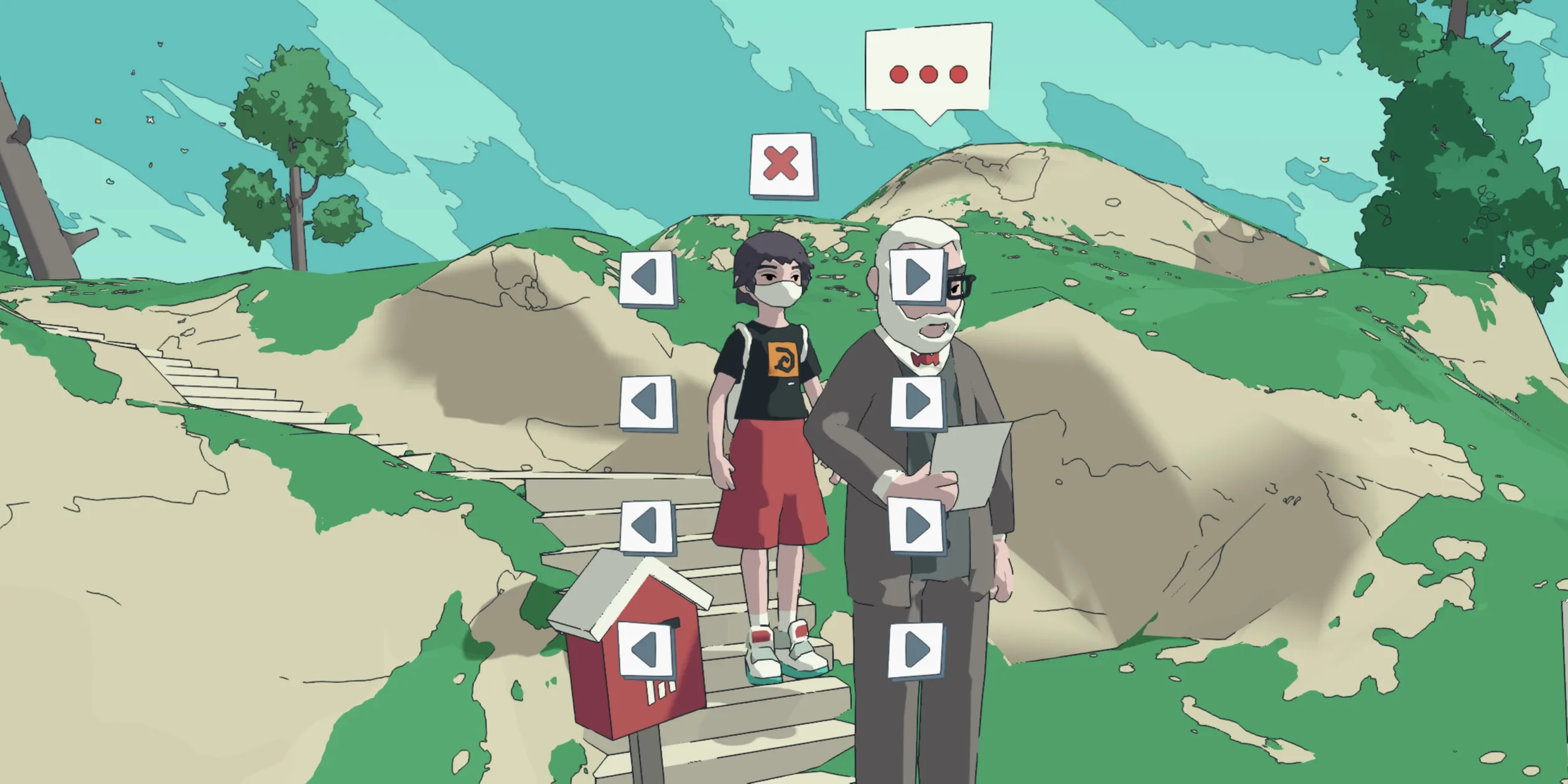 Wardrobe panel with left and right arrow buttons beside the masked messenger and the boss