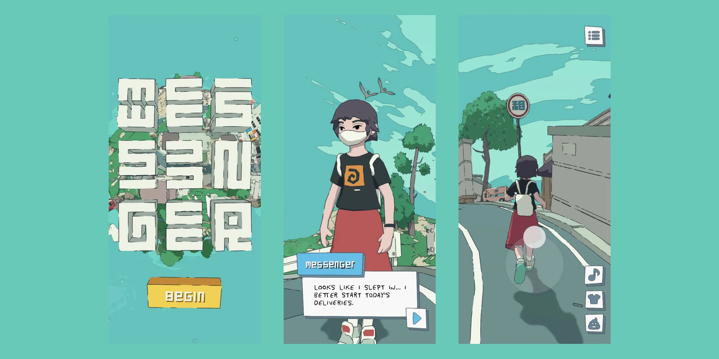 Three portrait phone screens: title, opening dialogue and running with a translucent touch joystick