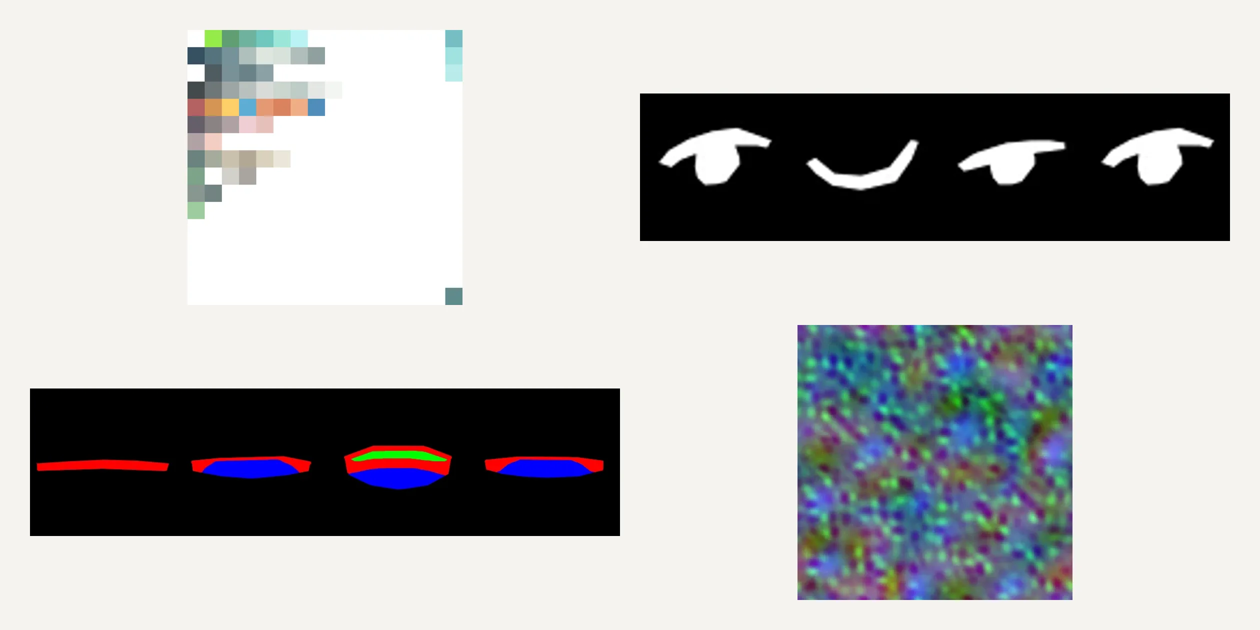 Four site textures: the 16x16 colour palette, eye sprites, mouth sprites and pixellated noise