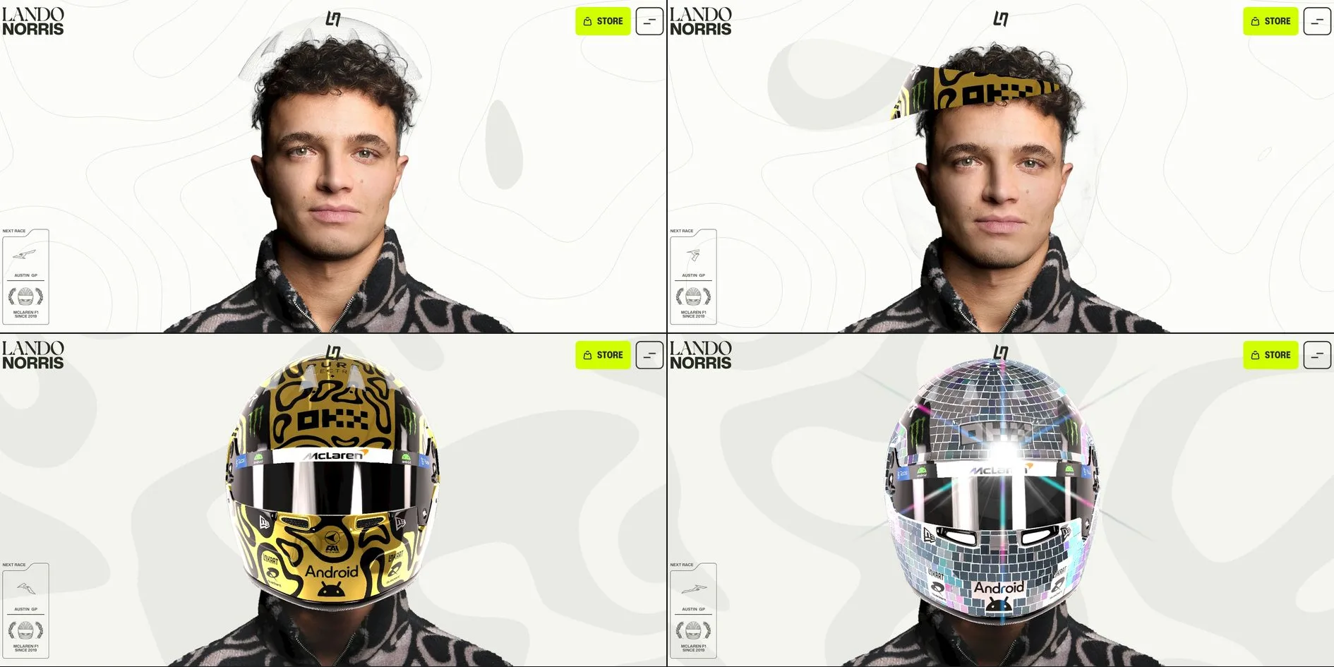 Four states of the same portrait in a grid, the clean portrait under a faint wireframe helmet at the top left, a strip of gold helmet showing across the forehead after a cursor sweep at the top right, the full gold OKX and Android helmet over the head at the bottom left, and a mirror-ball disco helmet with star flares at the bottom right