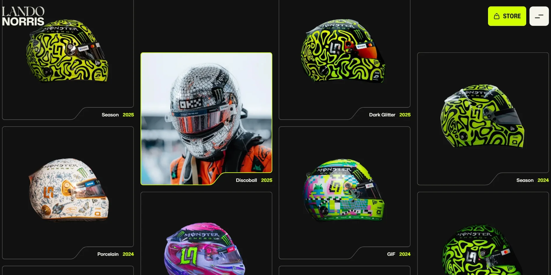 On a near-black background, helmets sit in three staggered columns, each cell labelled with a helmet name and year such as Season 2025, Discoball 2025 and Dark Glitter 2025, and the cell under the cursor has a neon-green border and shows a photo of Lando Norris wearing that disco-ball helmet