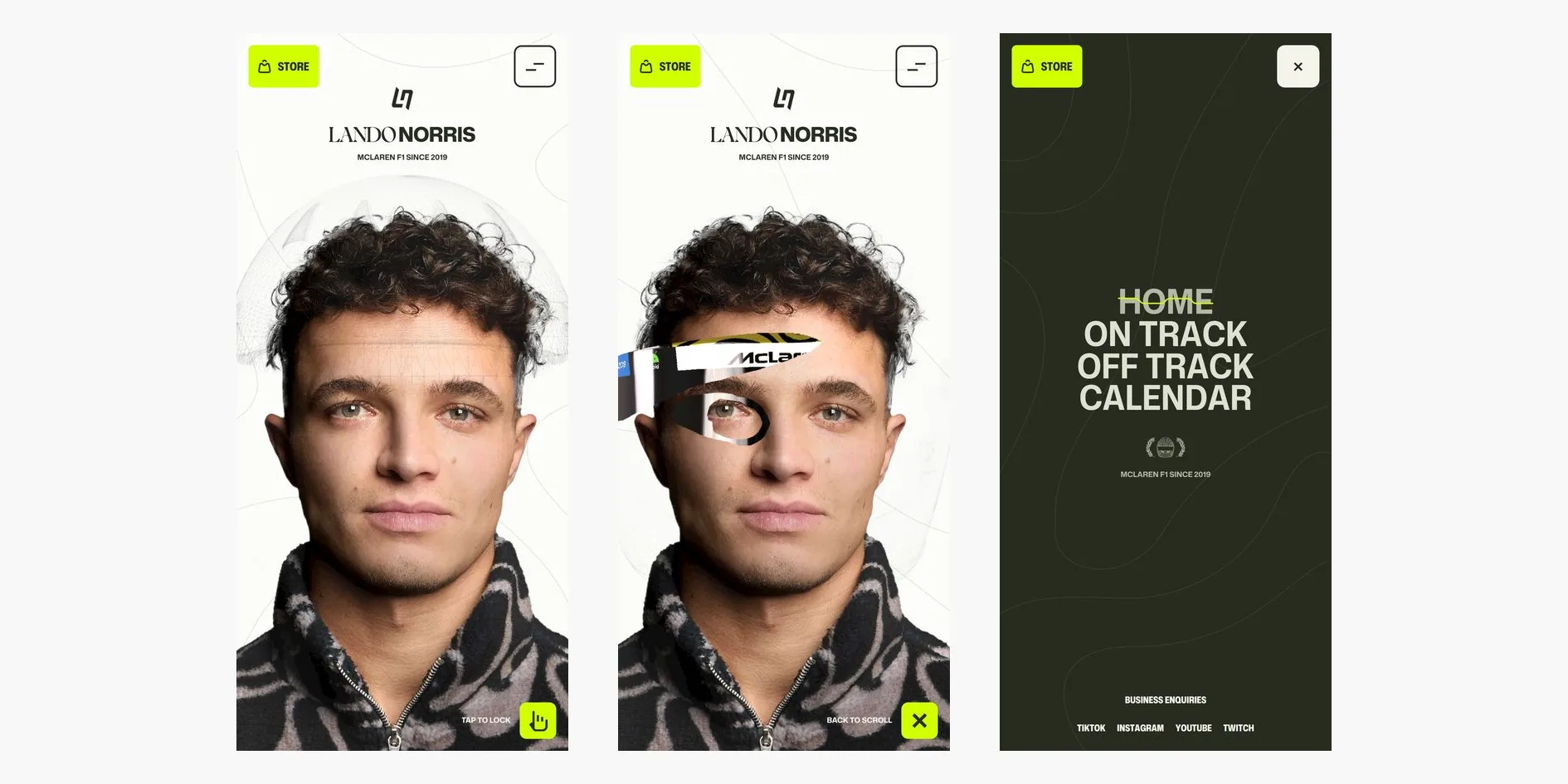 Three phone screens, on the left the opening portrait with a neon-green hand button labelled TAP TO LOCK at the lower right, in the middle the same portrait after the button is tapped, with a strip of McLaren visor showing where the finger swiped and the button now reading BACK TO SCROLL with a cross, and on the right the full-screen dark green menu with HOME crossed out in neon green above ON TRACK, OFF TRACK and CALENDAR