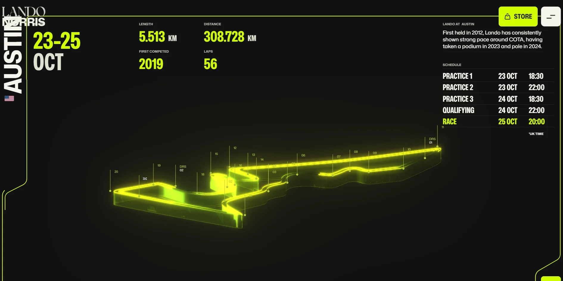 A glowing neon-green 3D track ribbon on a dark background, with thin lines above it marking corners 01 to 20 and two DRS zones, AUSTIN and 23-25 OCT written vertically on the left, track length 5.513 KM, race distance 308.728 KM, first competed 2019 and 56 laps along the top, and the practice, qualifying and race schedule on the right