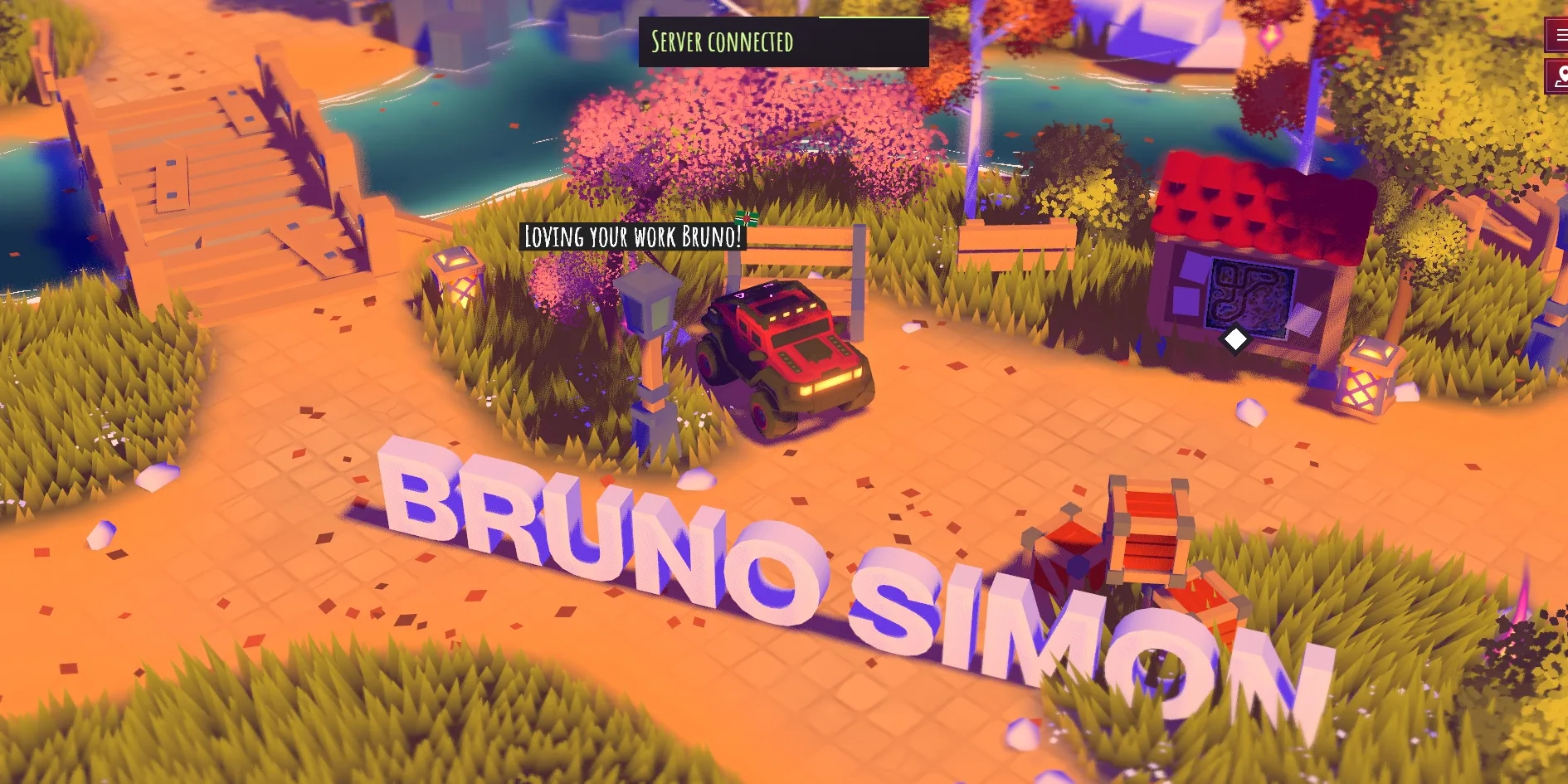 The landing area by day, with the giant lilac 3D letters BRUNO SIMON on the ground, the red jeep parked beside a street lamp and a pink tree, a message left by another visitor reading LOVING YOUR WORK BRUNO! floating next to the jeep, a black notice bar at the top centre reading SERVER CONNECTED, and a red-roofed hut on the right