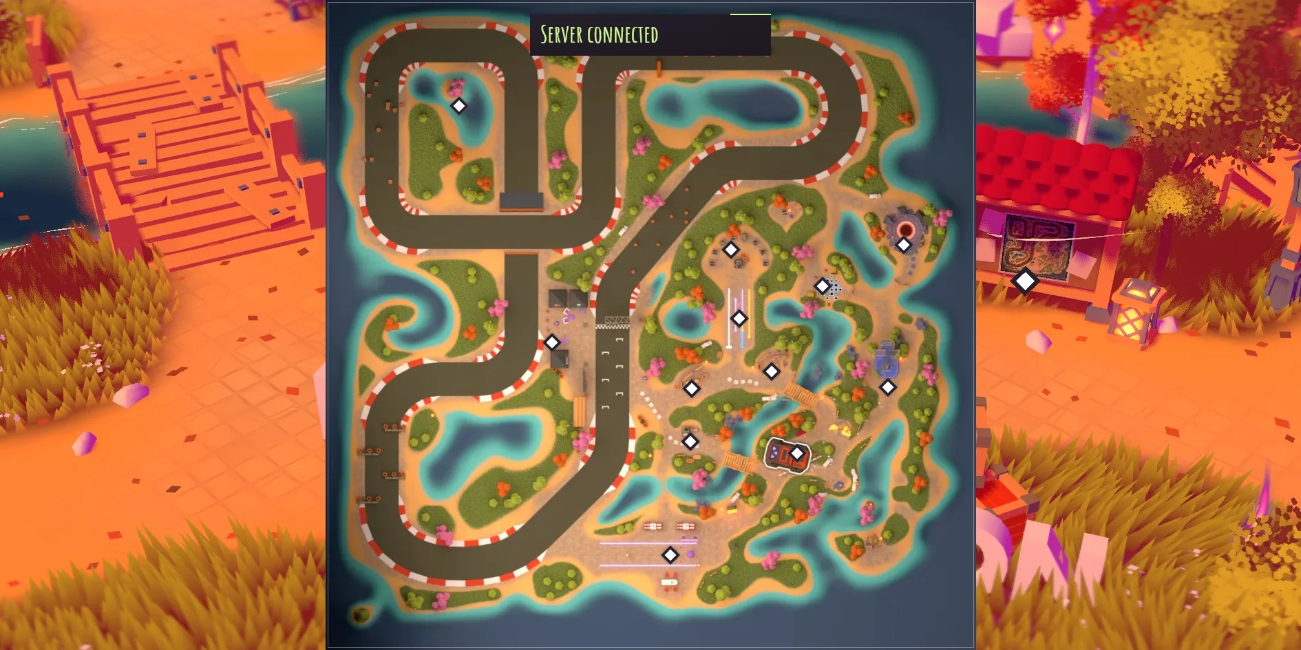The top-down map of the whole island, with a race track edged in red and white kerbs along the left and top, grass, sand and winding channels of water in the middle and on the right, a dozen or so white diamonds marking places, the red jeep icon at the lower right, and the darkened landing area showing behind the map on both sides