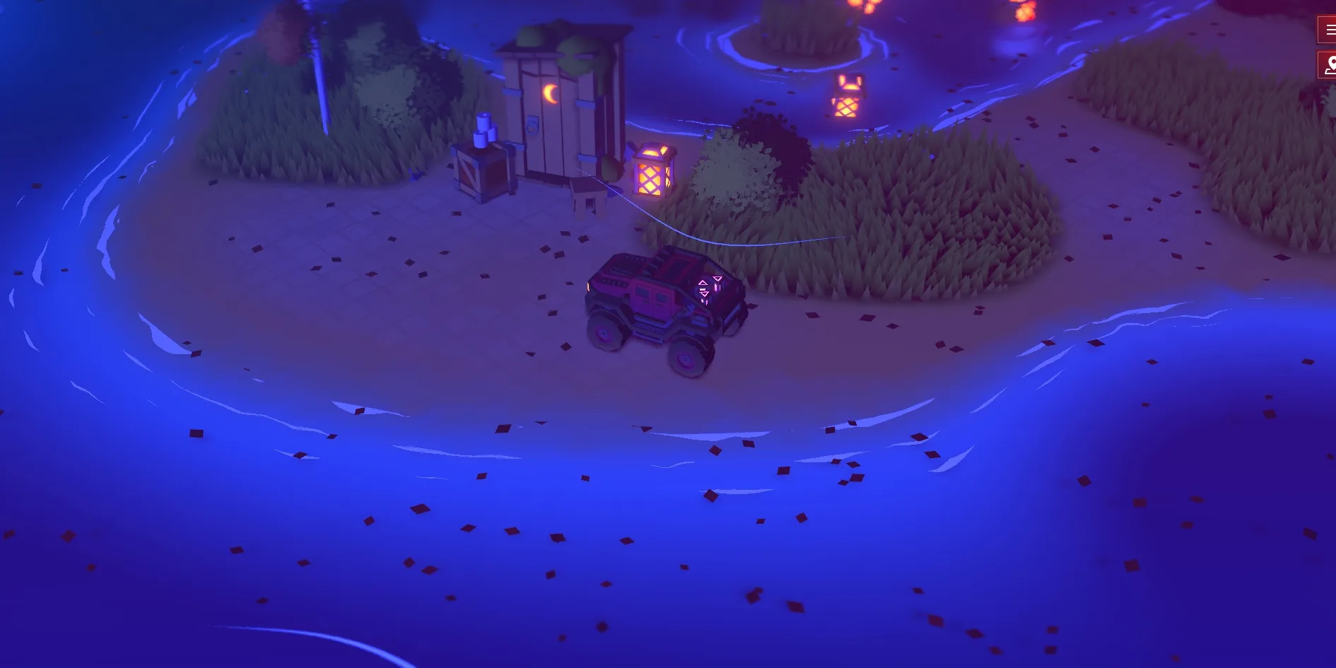 A stretch of shore at night, with the whole picture in deep blue-violet, bright blue wave lines along the water's edge, many leaves floating on the water, a lit lantern beside a wooden outhouse with a yellow moon glowing on its door, the red jeep parked on the sand, and two more lanterns in the distance