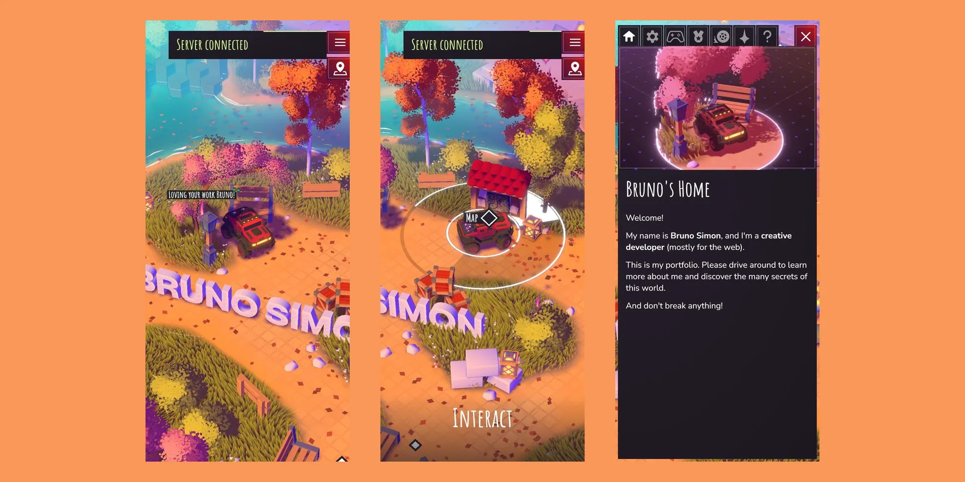 Three phone screens. On the left, the landing area after the start. In the middle, the white ring that appears around the jeep while a finger holds the screen, with a MAP label beside the jeep and INTERACT at the bottom. On the right, the full-screen menu with a row of icons at the top, and below them a picture of the jeep parked on a round patch of ground above the BRUNO'S HOME welcome note