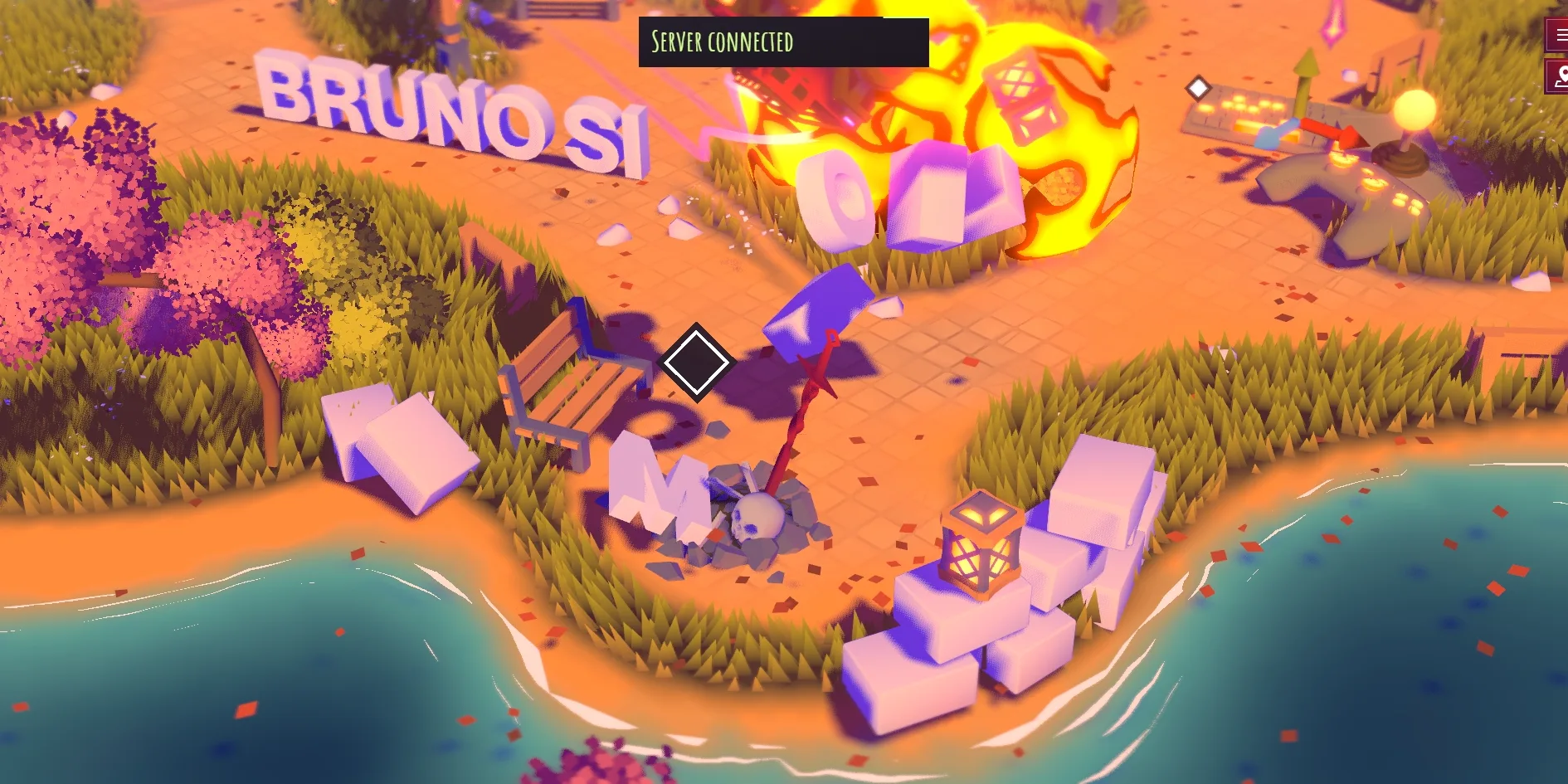 The moment an explosive crate goes off, with a yellow and red cartoon fireball at the top centre, the O and N of BRUNO SIMON blown into the air, the M lying beside a skull altar with a red sword stuck in it, a bench and several pink and yellow trees on the left, a sculpture made of a keyboard, a gamepad and a joystick at the top right, and a pile of white bricks with a lantern by the water at the lower right