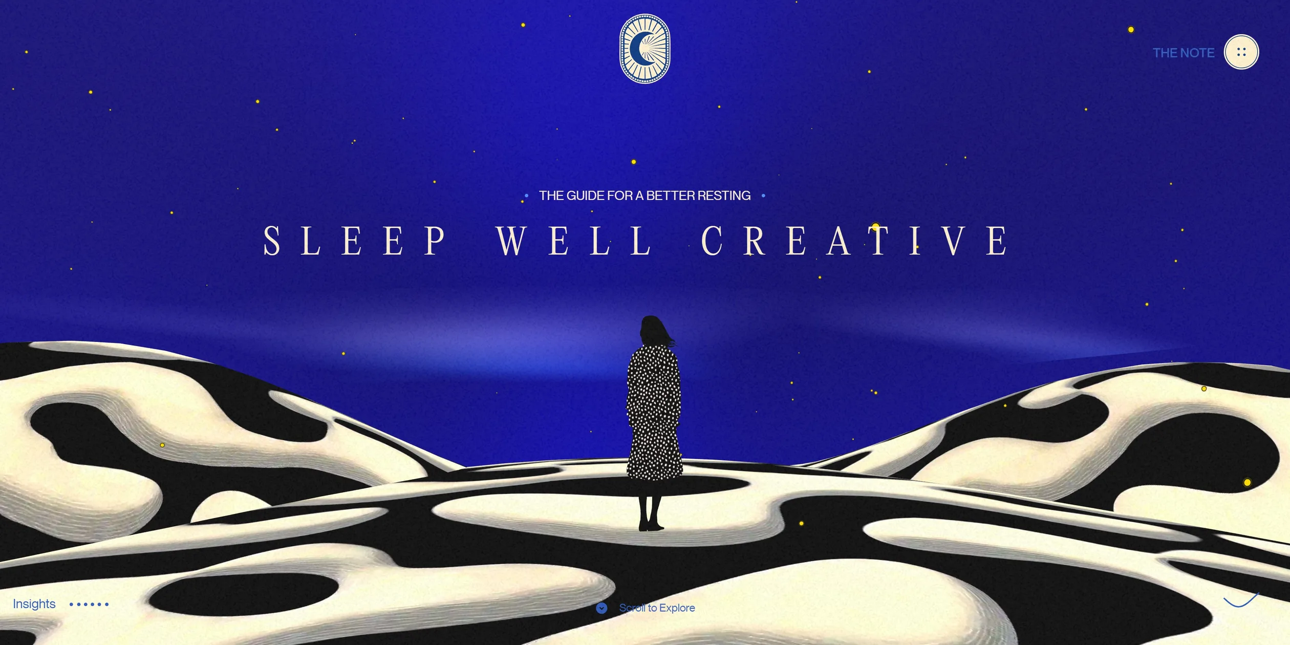 On spotted dunes under a night sky, a woman in a long black coat with white dots stands with her back to the viewer. Above her is the widely spaced serif title SLEEP WELL CREATIVE, with a small line above it reading THE GUIDE FOR A BETTER RESTING. The moon logo sits at the top centre, THE NOTE at the top right, Insights and six small dots at the bottom left, and Scroll to Explore at the bottom centre.