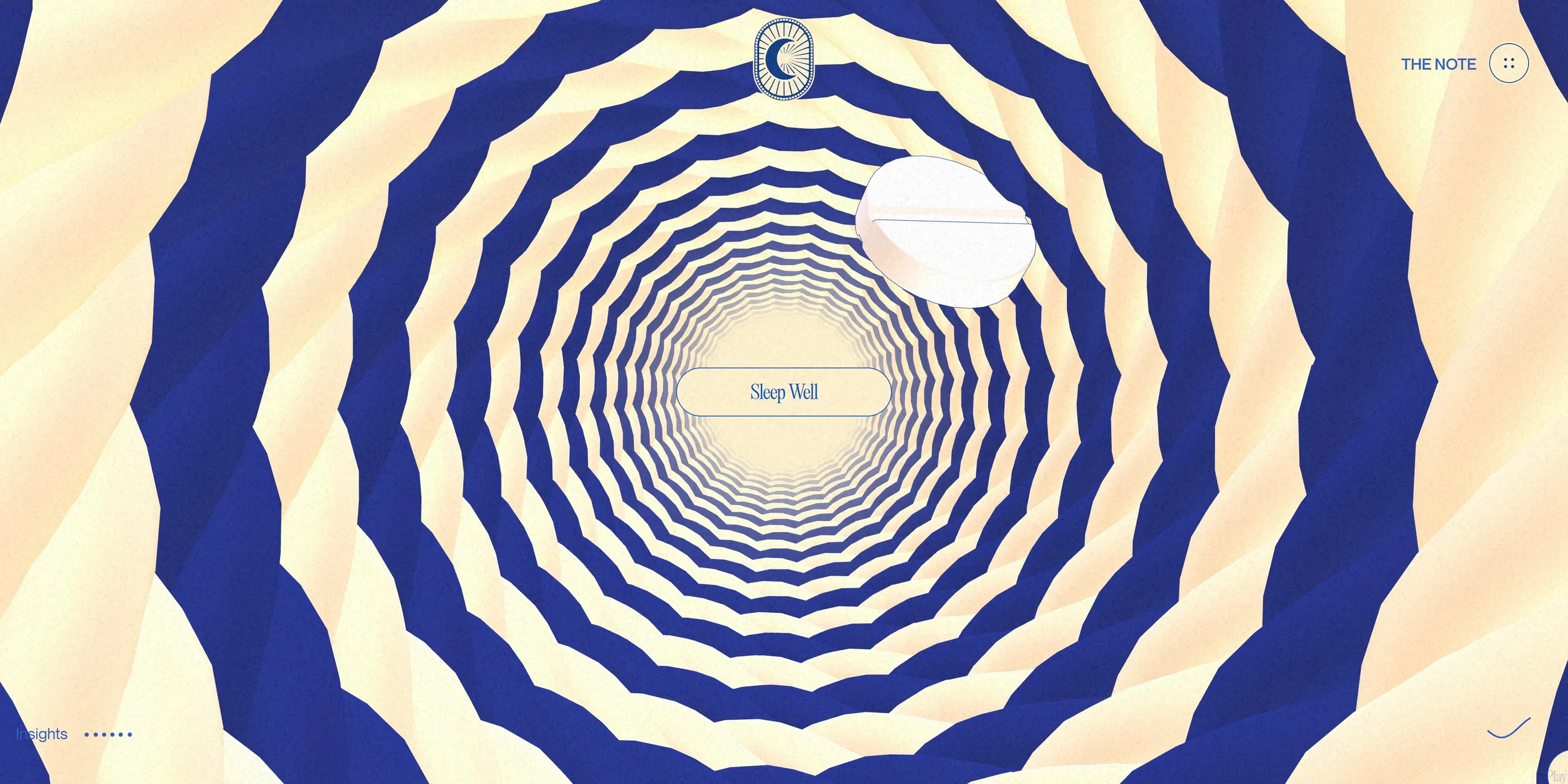A tunnel of jagged cream and ultramarine rings stacks up toward a bright centre, each ring smaller than the one before, and an oval label reading Sleep Well sits in the middle. A white pill flies toward the camera at the upper right. The moon logo sits at the top centre, and THE NOTE and a round button sit at the top right.