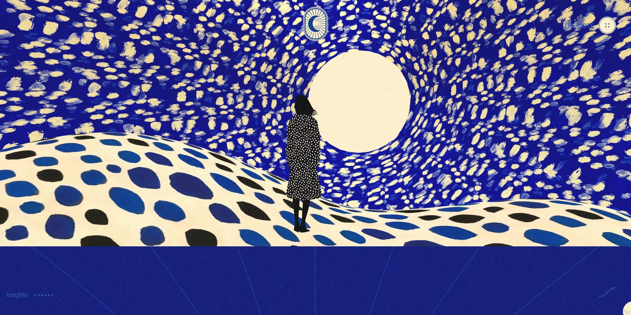 A room is covered in cream blots on ultramarine. A woman in a black coat with white dots stands on a rolling spotted floor, facing a large glowing cream hole in the wall. The floor spots are blue and black leaf shapes, and a strip of the navy page shows along the bottom.